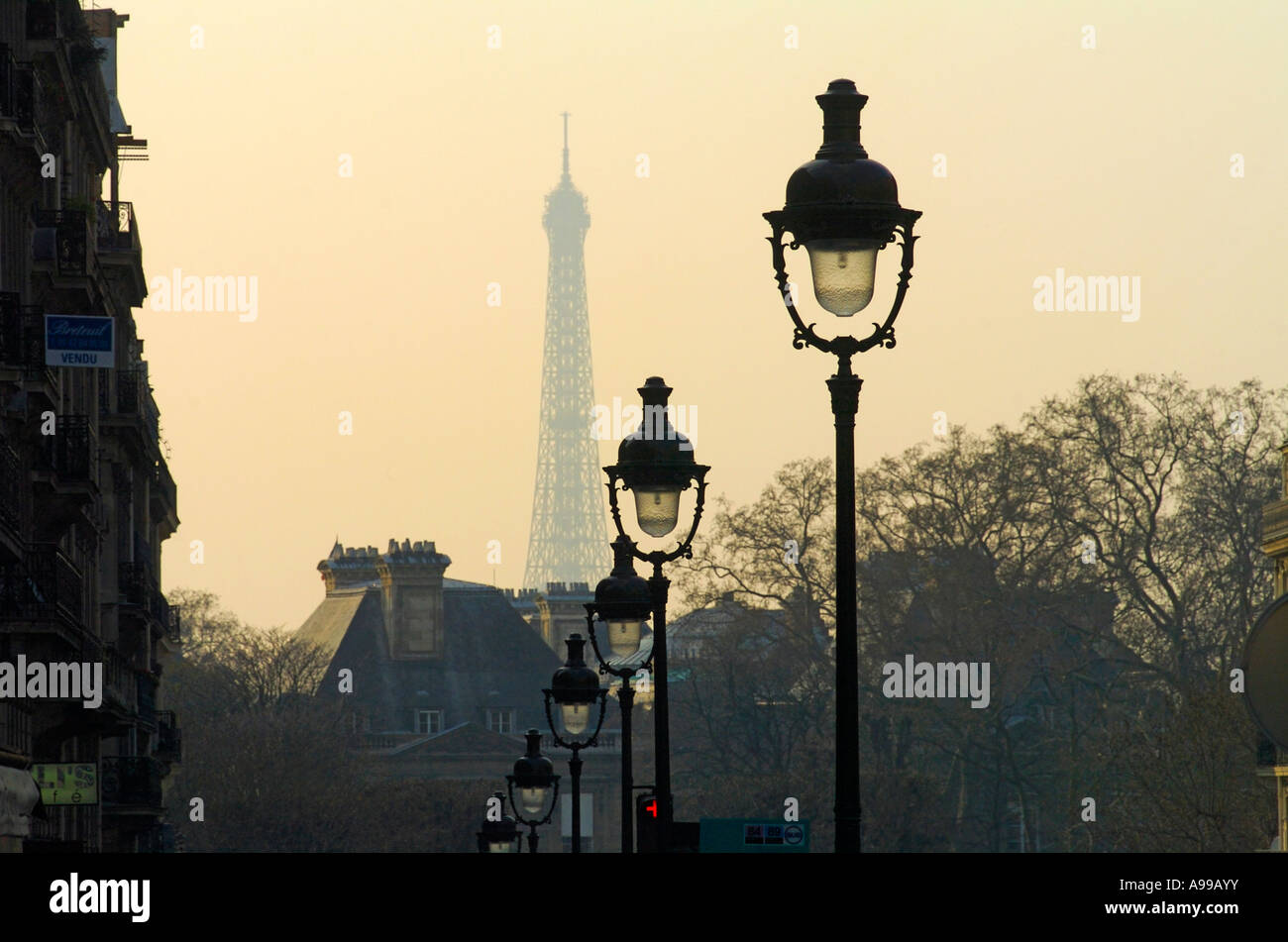 Elegante Straßenlaternen in den Straßen von Paris mit dem Eiffelturm im Hintergrund Stockfoto