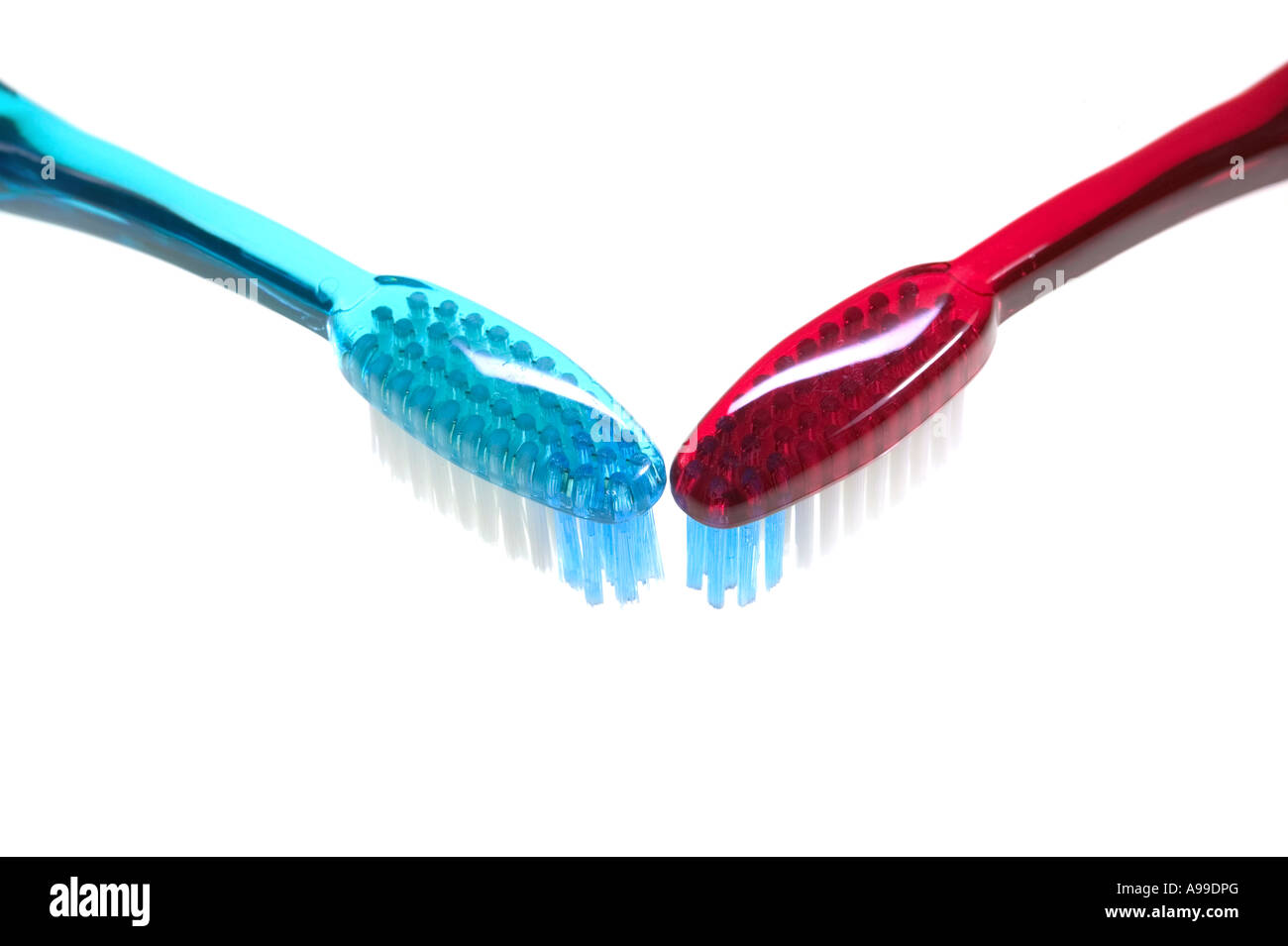 Rote und blaue Zahnbürste isoliert auf weiss Stockfoto