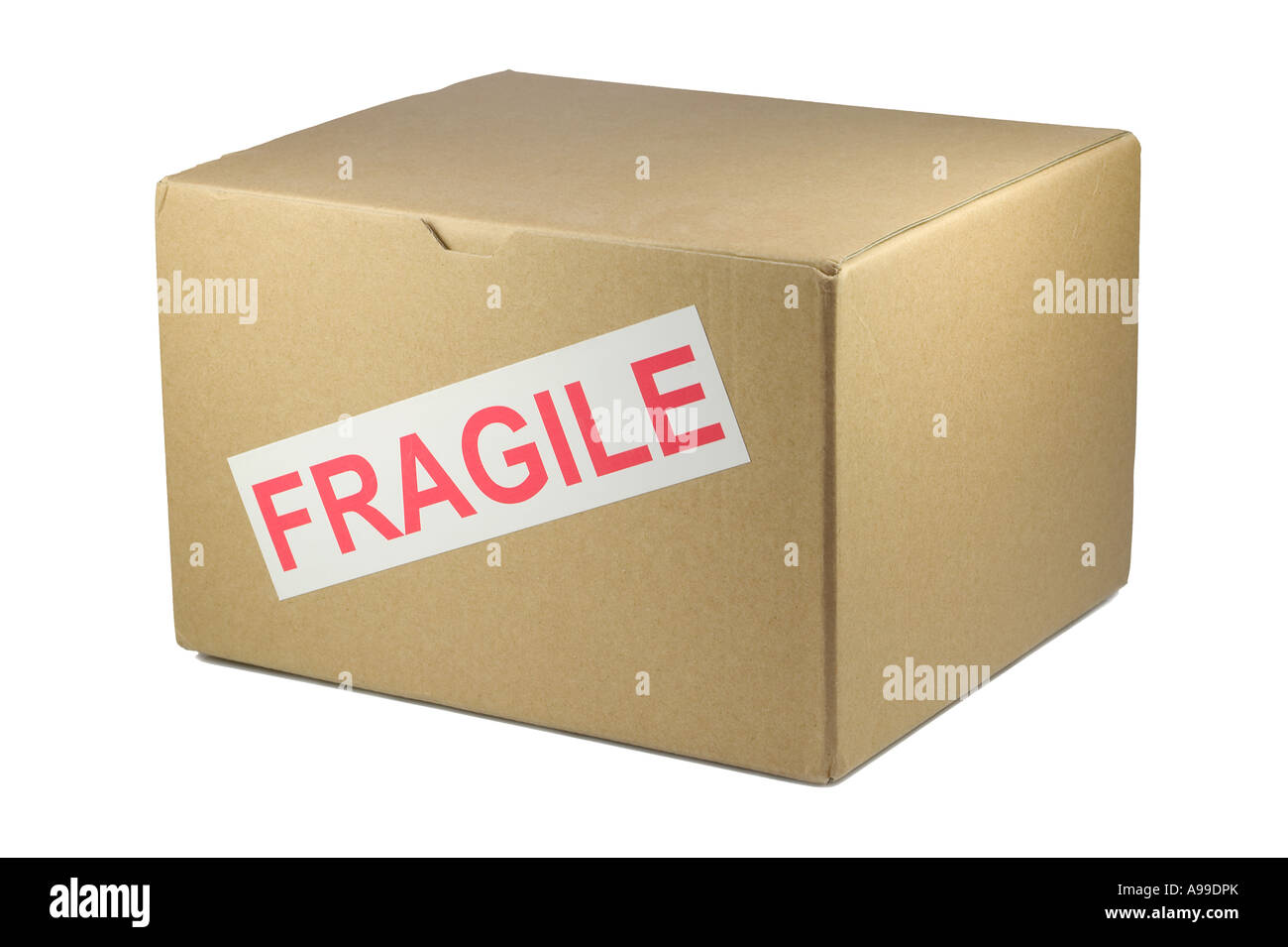 Karton mit Fragile drauf isoliert auf weiss Stockfoto