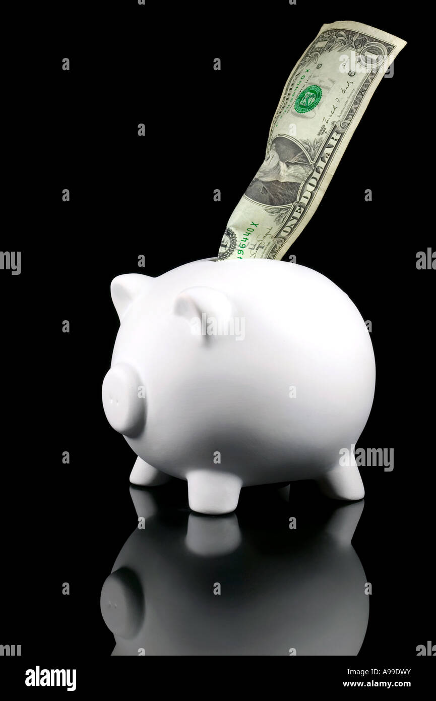 Weiße Sparschwein mit einer uns Dollar spiegelt sich auf einem schwarzen Hintergrund Stockfoto