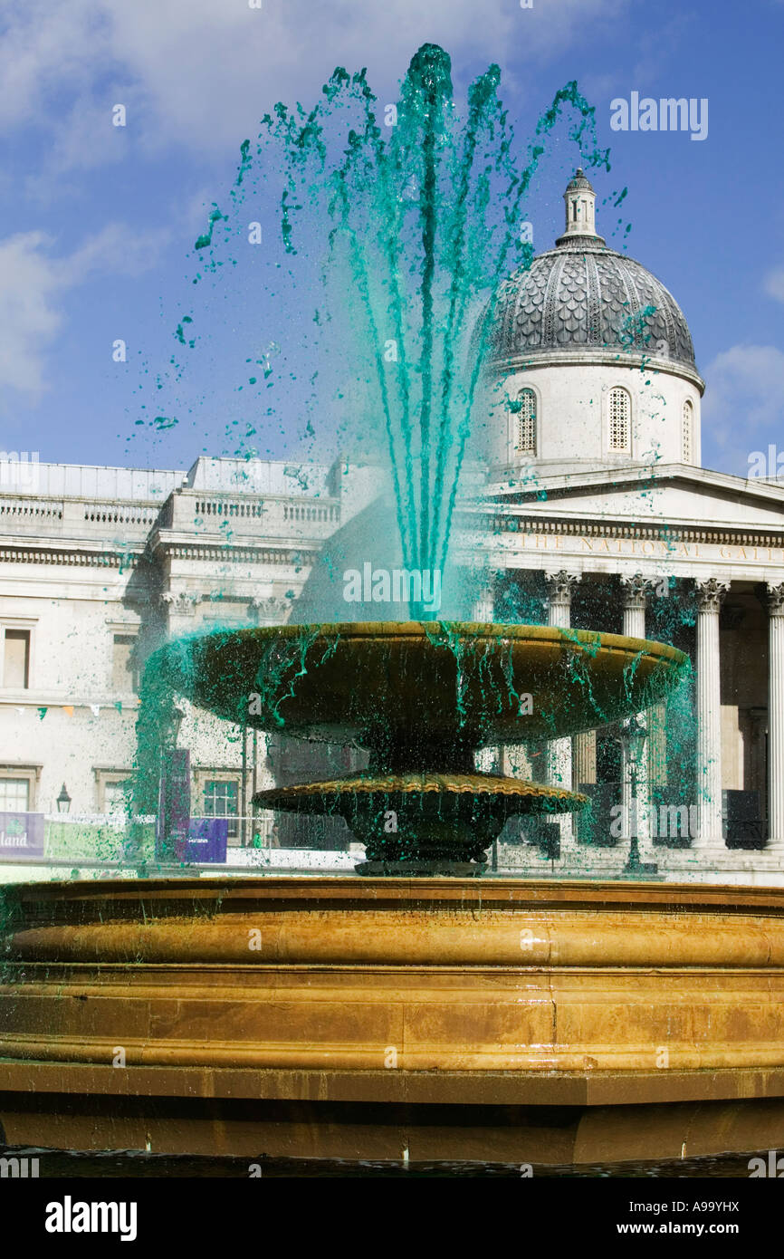 Grün gefärbte Wasser-Brunnen am Trafalgar Square an der St. Patricks Day Feier in London Stockfoto