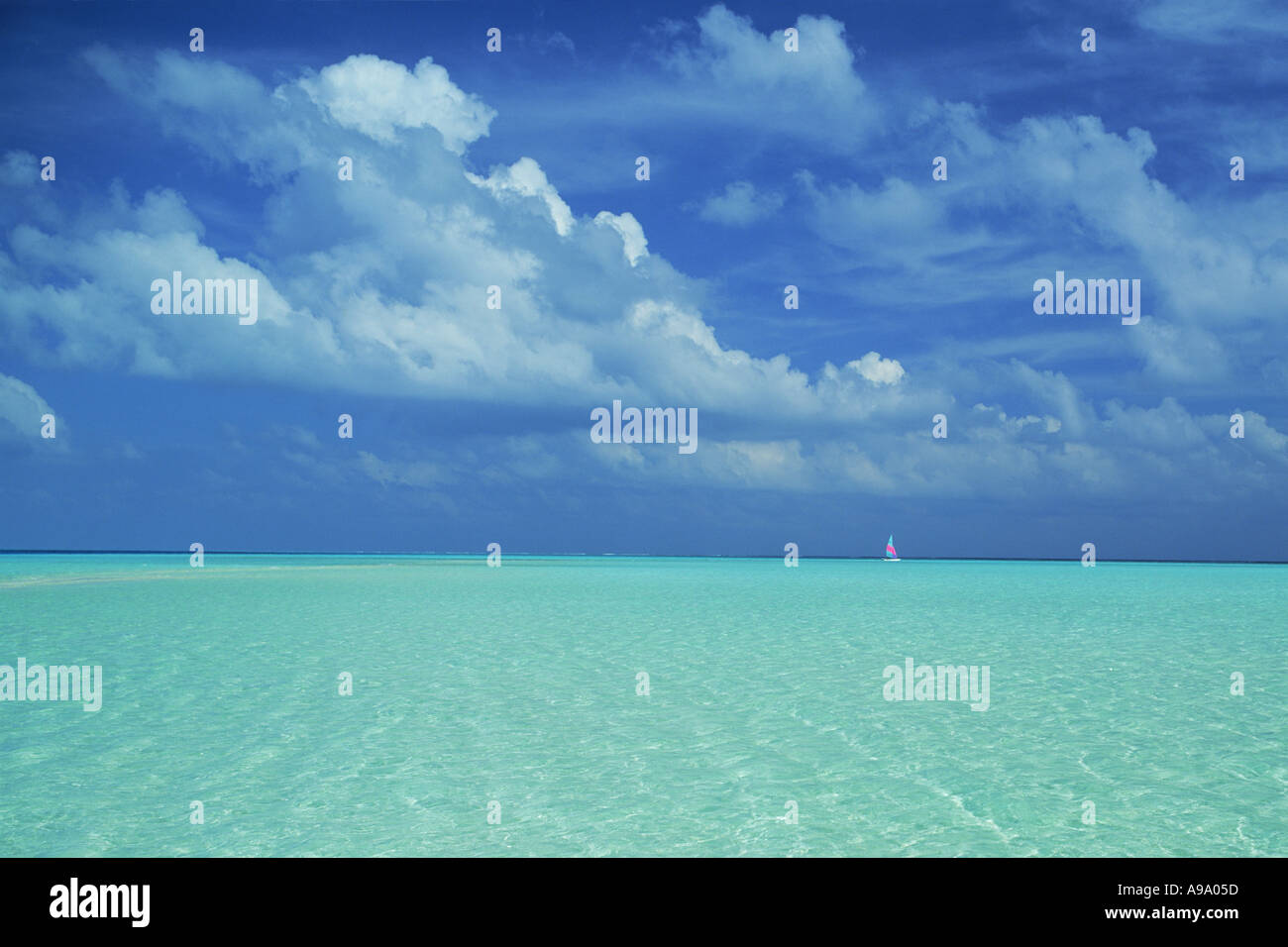 Winzige Katamaran Segel am fernen Horizont unter blauem Himmel und klaren Wasser des Indischen Ozeans Stockfoto