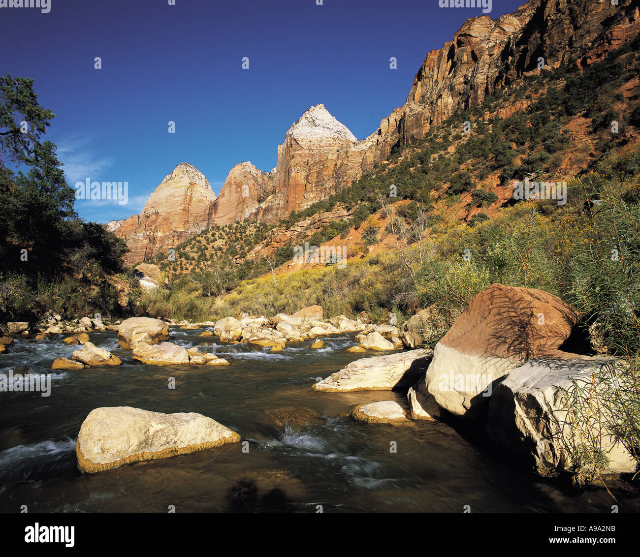 Der Virgin River nahe dem Eingang zum Zion Canyon mit Felsspitzen und blauem Himmel hinter Zion Utah USA Stockfoto