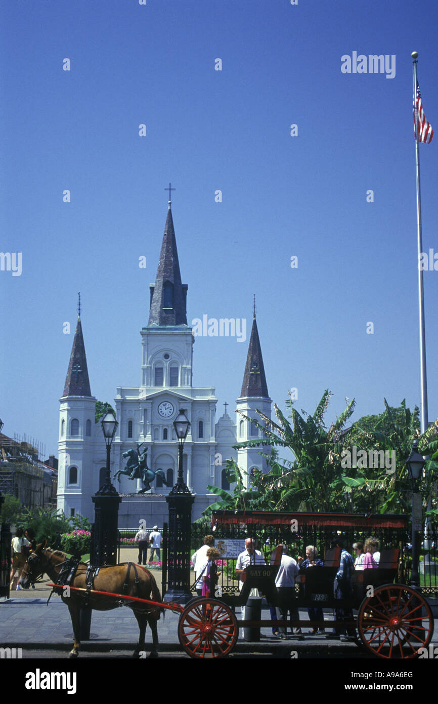 PFERD KUTSCHE SIGHTSEEING TOUREN JACKSON SQUARE FRENCH QUARTER NEW ORLEANS LOUISIANA USA Stockfoto
