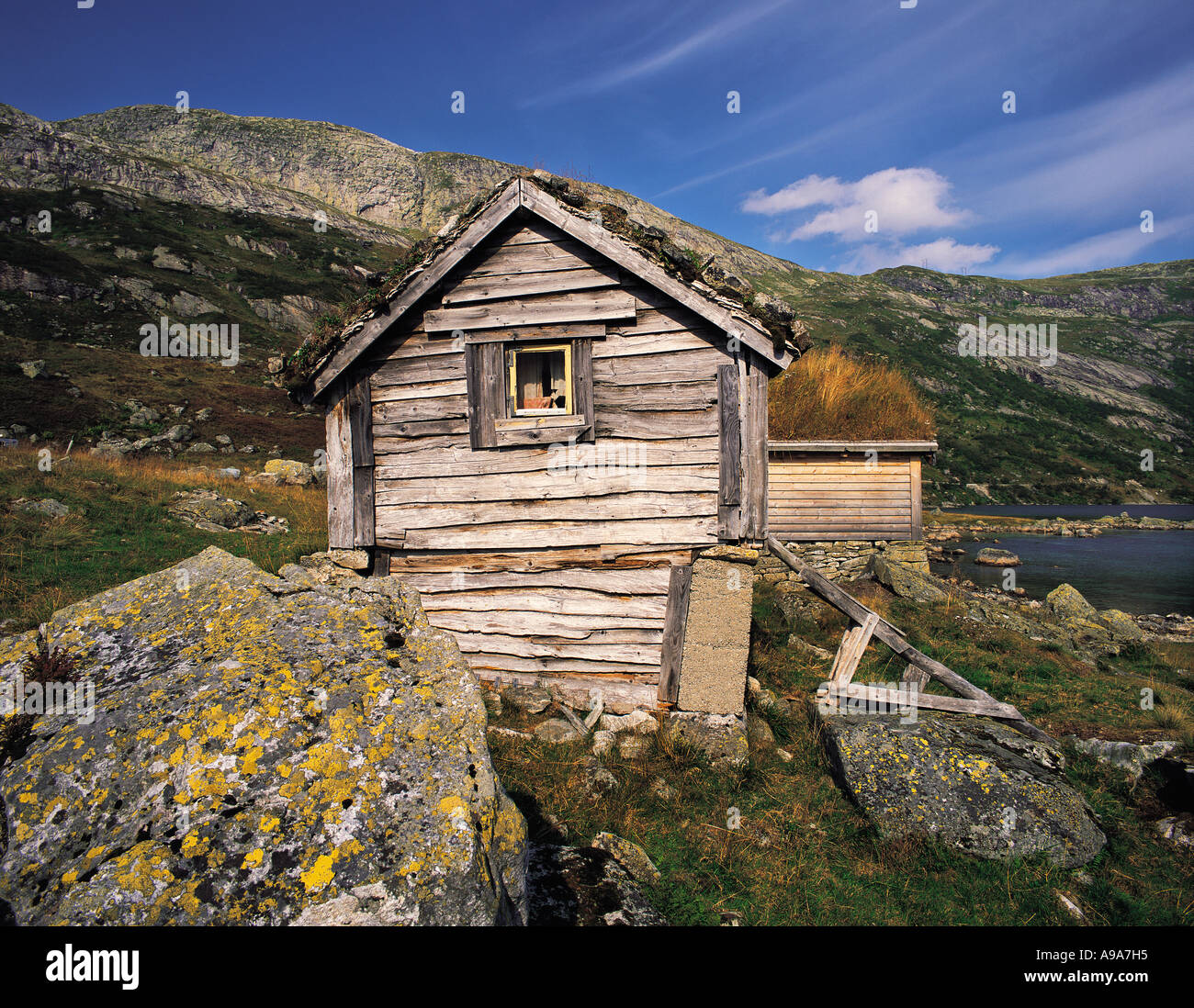 Traditionelle Holz gebaut Berghütten bei Nystolen Barddalen Norwegen Stockfoto