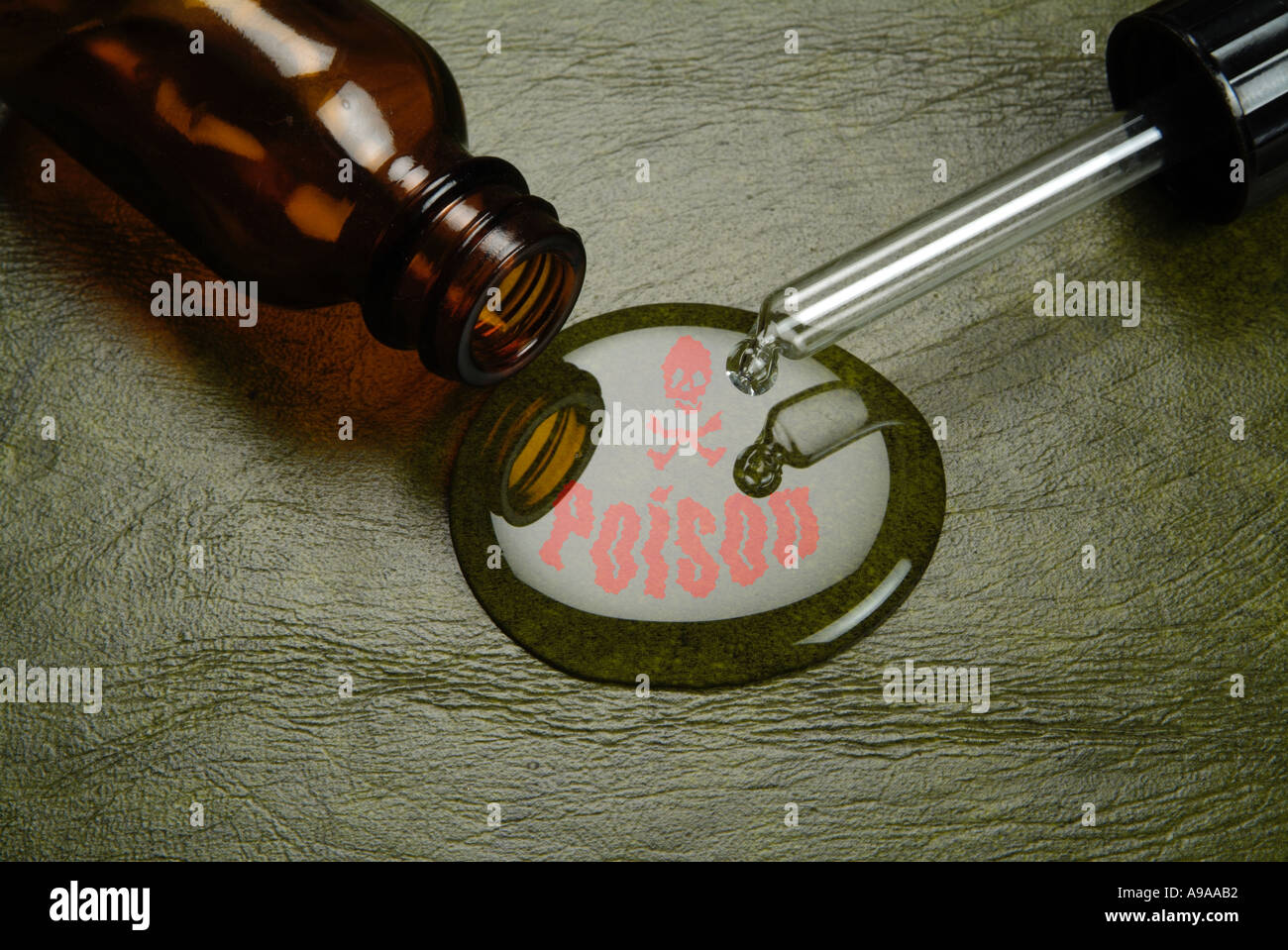 Medizin-Flasche-Pipette und verschüttete Inhalte zur Veranschaulichung Homöopathie Stockfoto