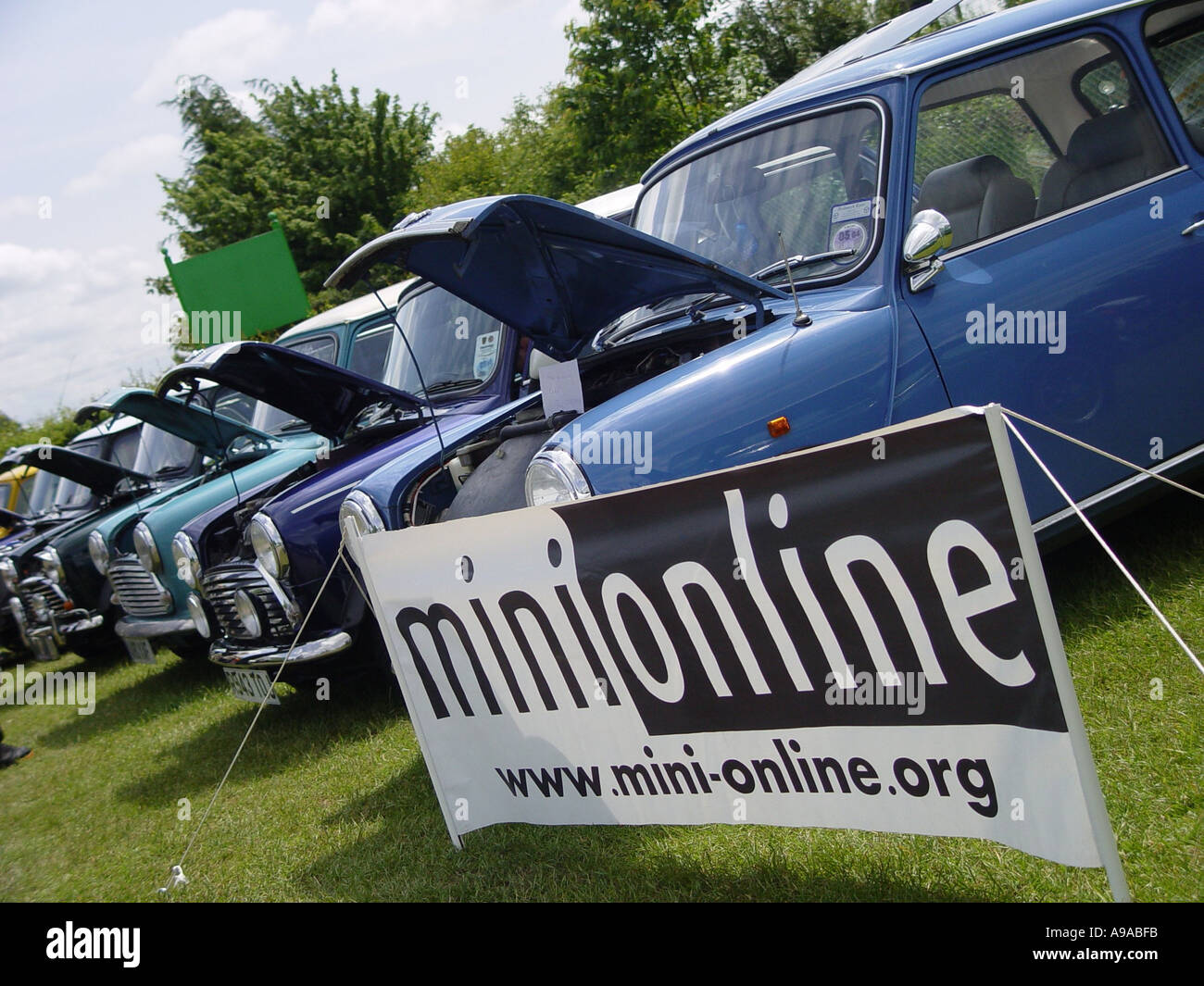 Minis reihten sich mit ihren Motorhauben auf der Rennstrecke in der Nähe des Dorfes Castle Combe Wiltshire England GB 2003 Stockfoto