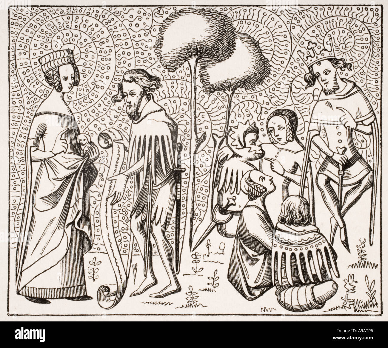 Gericht der Liebe in das 14. Jahrhundert, Provence, Frankreich. Kopie von einem alten Manuskript. Stockfoto