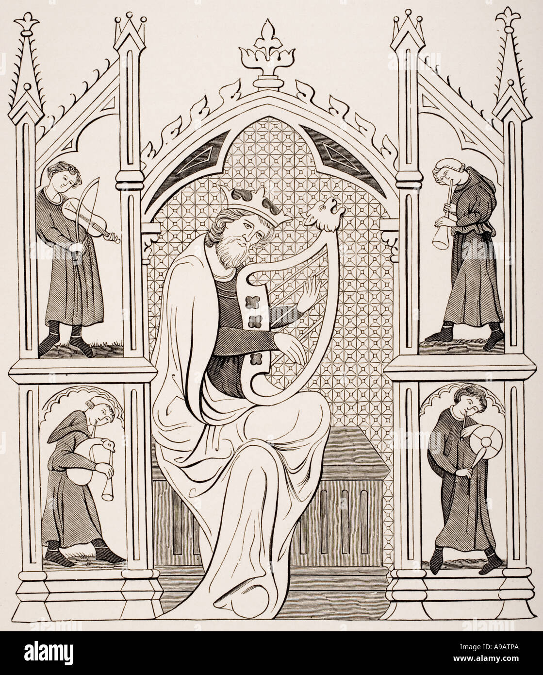 König David spielen auf die Leier von vier Musikern umgeben, alle tragen Kostüme des 13. Jahrhunderts. Stockfoto