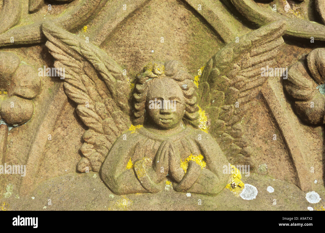 Detail eines Grabsteins Sandstein, in denen wurde einen Engel zeigt Gesicht Brust Flügel und Hände beten geschnitzt Stockfoto