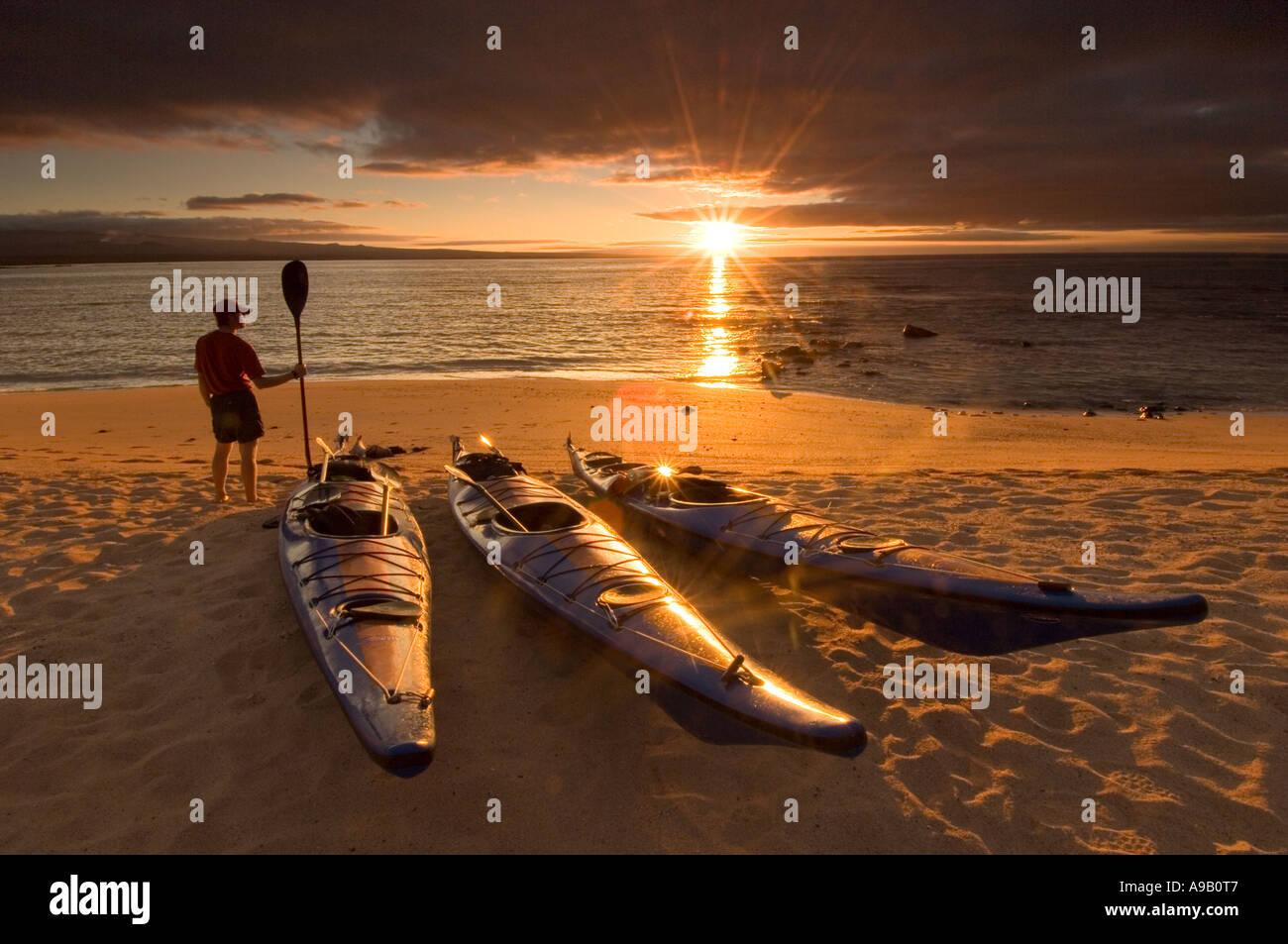 Südamerika Lateinamerika Ecuador Galapagosinseln Baltra Insel in der Nähe von Santa Cruz Island Tourist mit Paddel und Meer am Strand Stockfoto