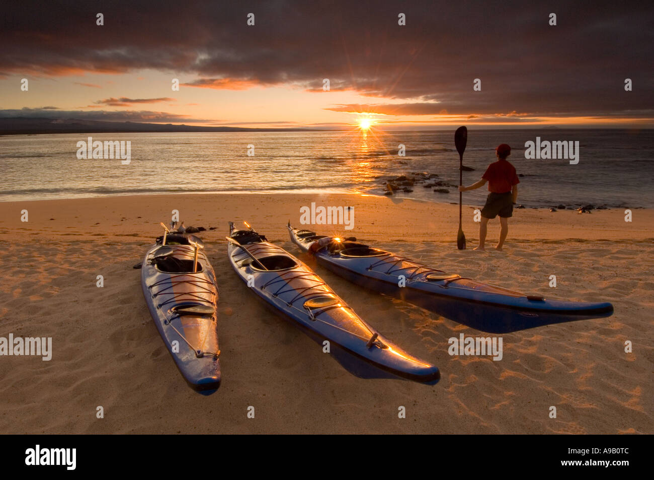 Südamerika Lateinamerika Ecuador Galapagosinseln Baltra Insel in der Nähe von Santa Cruz Island Tourist mit Paddel und Meer am Strand Stockfoto