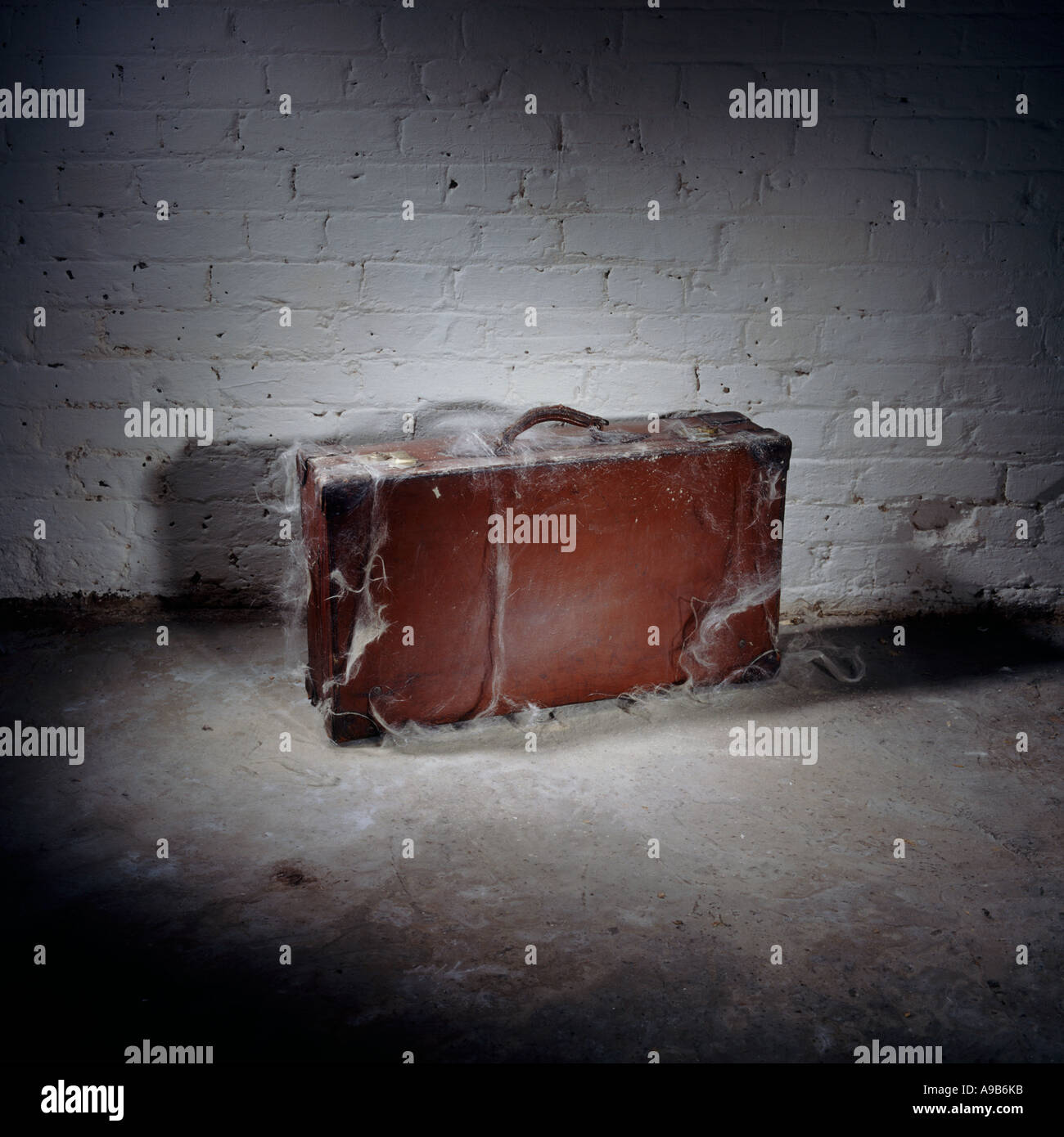 Alter Lederkoffer mit Spinnweben im Keller, der Staub sammelt Stockfoto