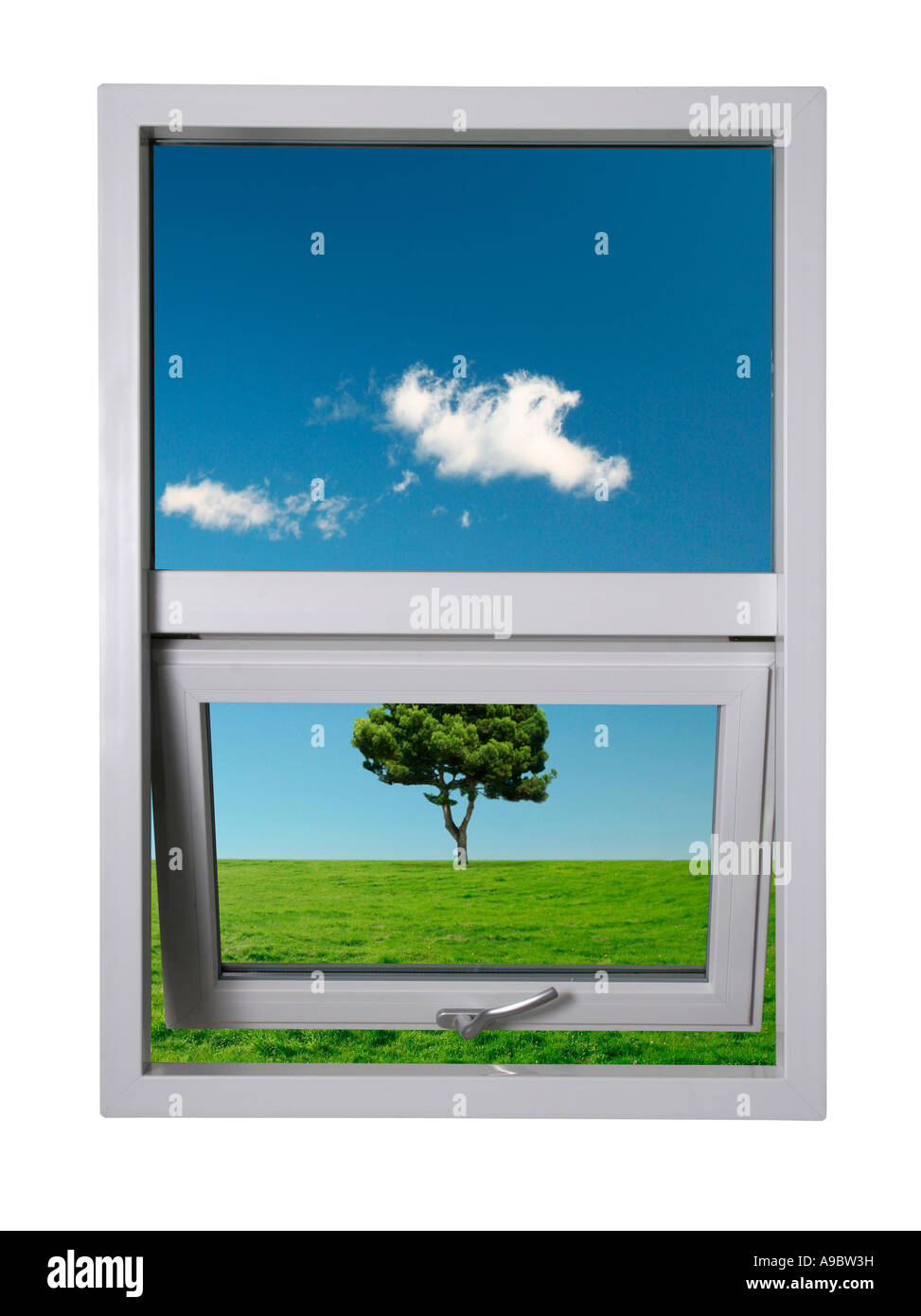 Landschaftlich gesehen von einem neuen Fenster-Image enthält einen Beschneidungspfad für einfache Maskierung Stockfoto