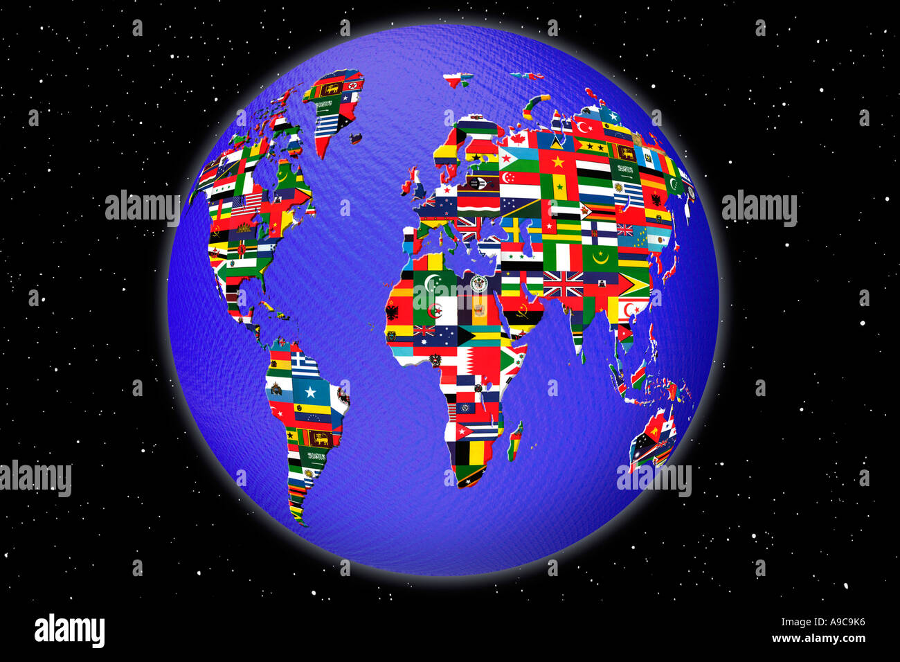 Internationa Fahnen auf Globus Stockfoto
