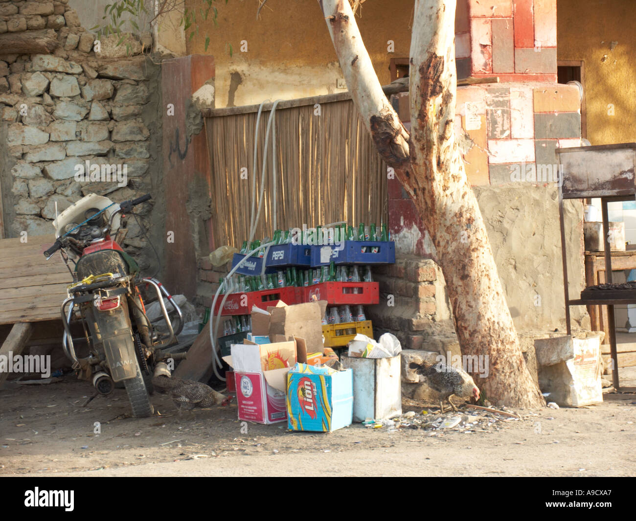 waren zum Verkauf in El Bawiti Bahariya Oasis Western Desert Ägypten beachten Sie Hühner und Motorrad Stockfoto