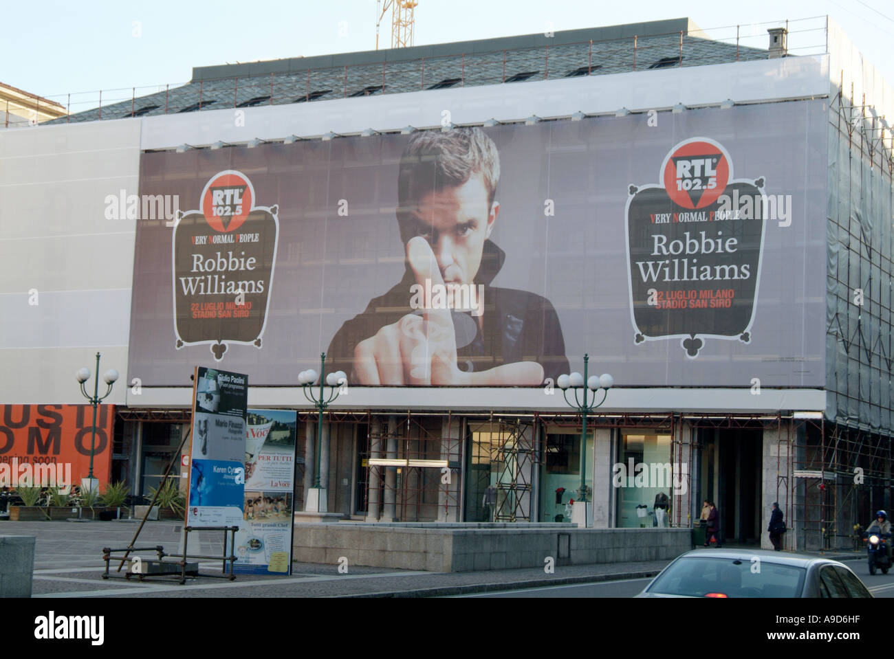 Robbie Williams, Global, Ruhm, berühmt, pop, Stern, Plakat, auf dem Display, in Bergamo, Italien. Italienisch, Stadt, in der Nähe von Mailand, Stockfoto