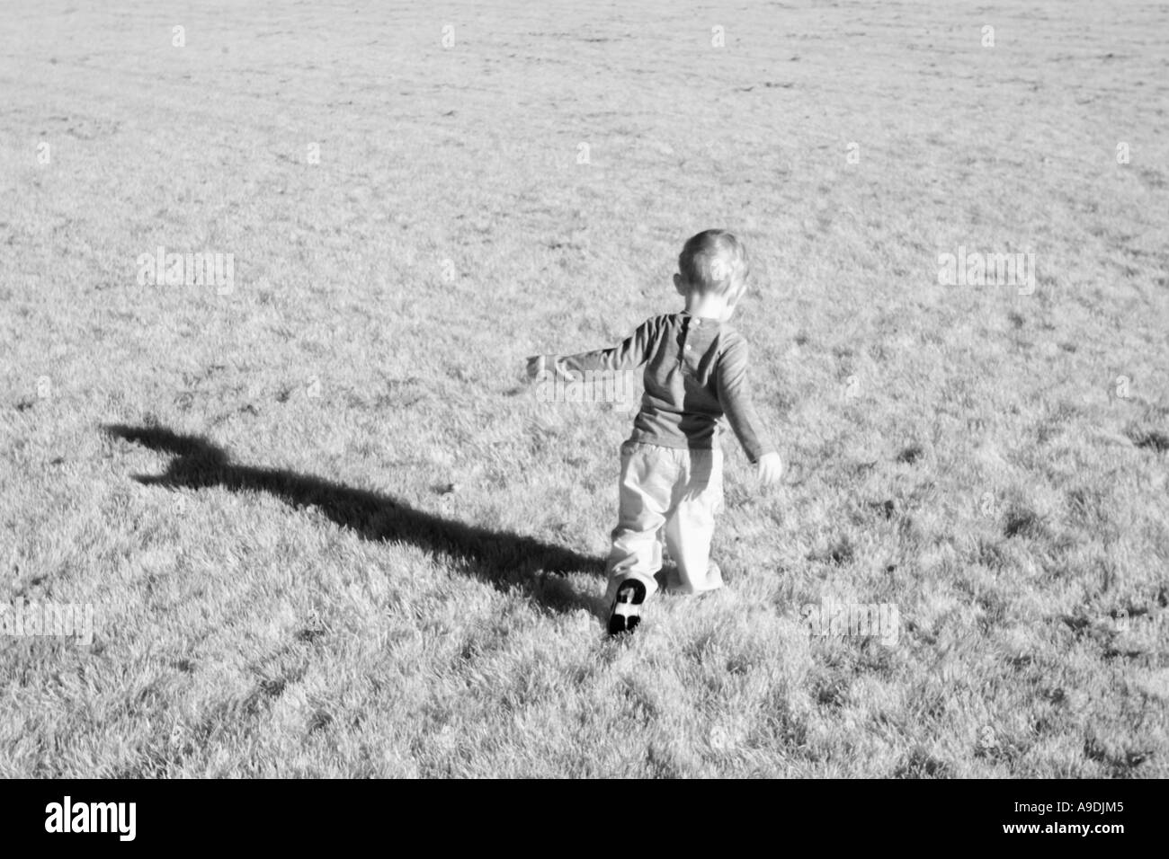 2 jähriger Junge durch den Rasen laufen. Stockfoto