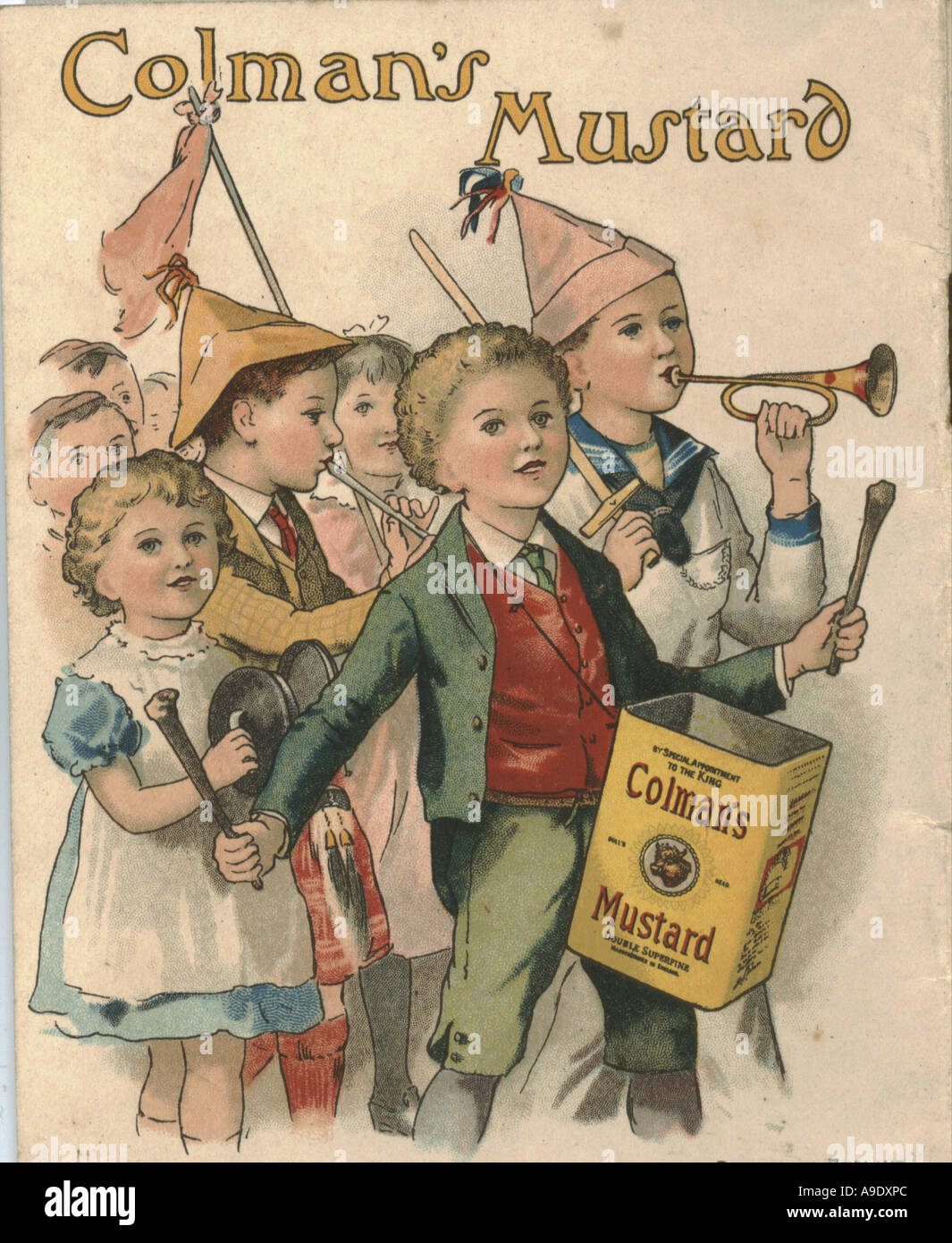 Titelseite für Faltblatt Spiele & Freizeitangebote für Jungen und Mädchen Werbung für Colman's Mustard um 1895 mit einer vorgetäuschten Marschkapelle Stockfoto
