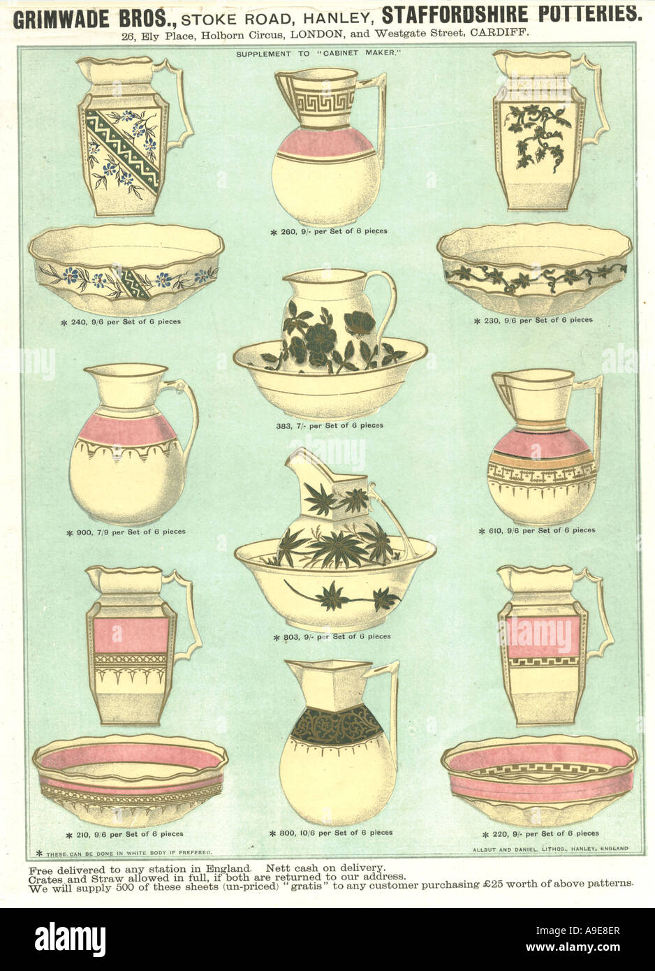 Chromolithographiertes Werbeblatt von Allbut und Daniel für Grimwade Töpfereien Circa 1880 als Ergänzung zu Cabinet Maker ausgegeben Stockfoto