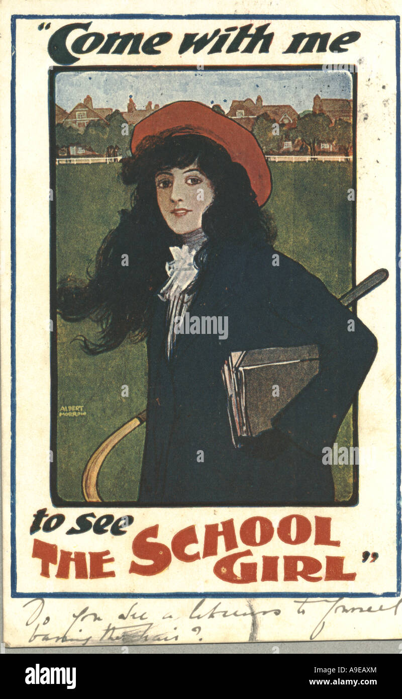 Werbe Postkarte für das Theaterstück The School Girl Plakat Künstlers Albert Morrow ca. 1903 Stockfoto