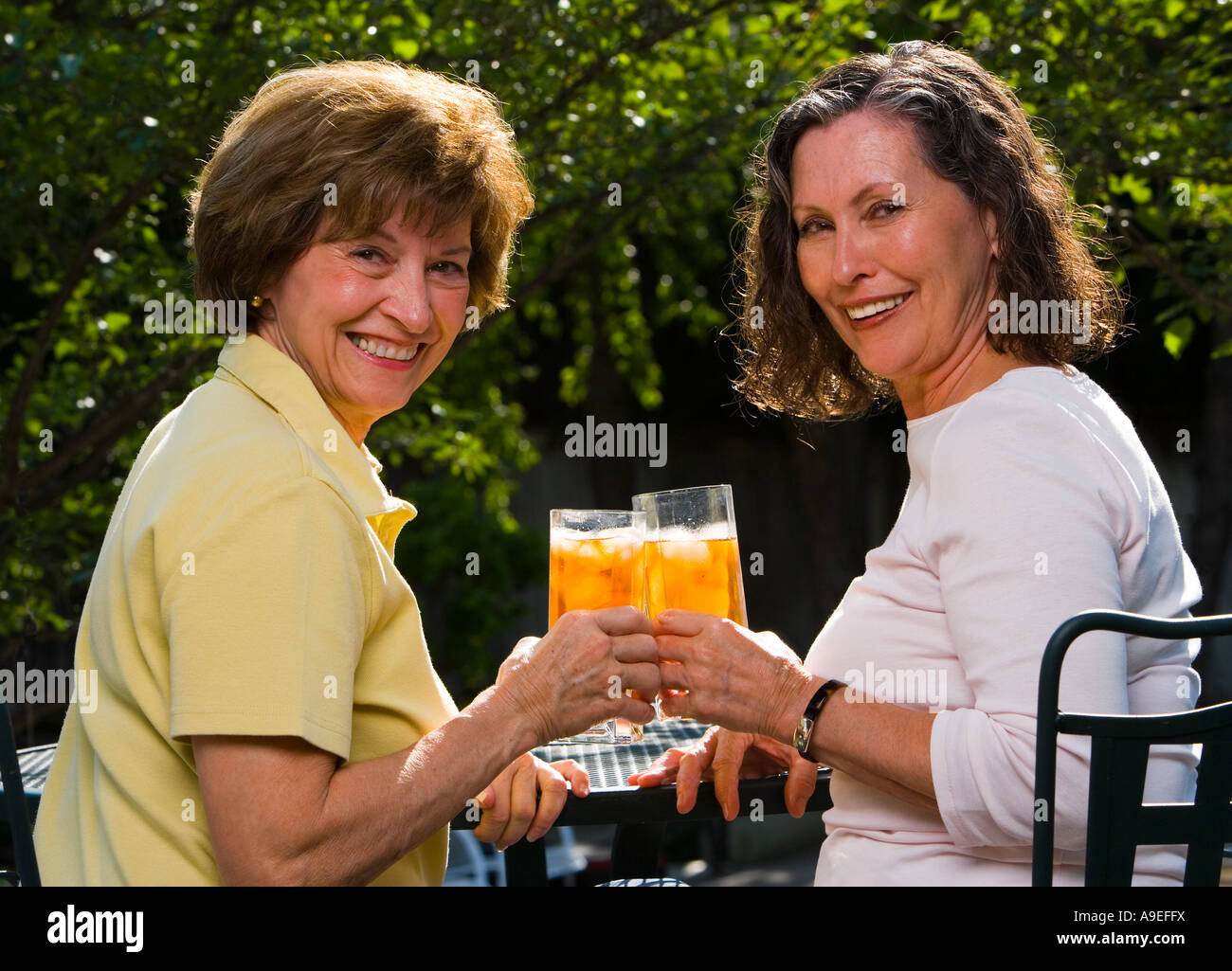Zwei ältere Schwestern toast das gute Leben an einem warmen sonnigen Tag draußen Stockfoto