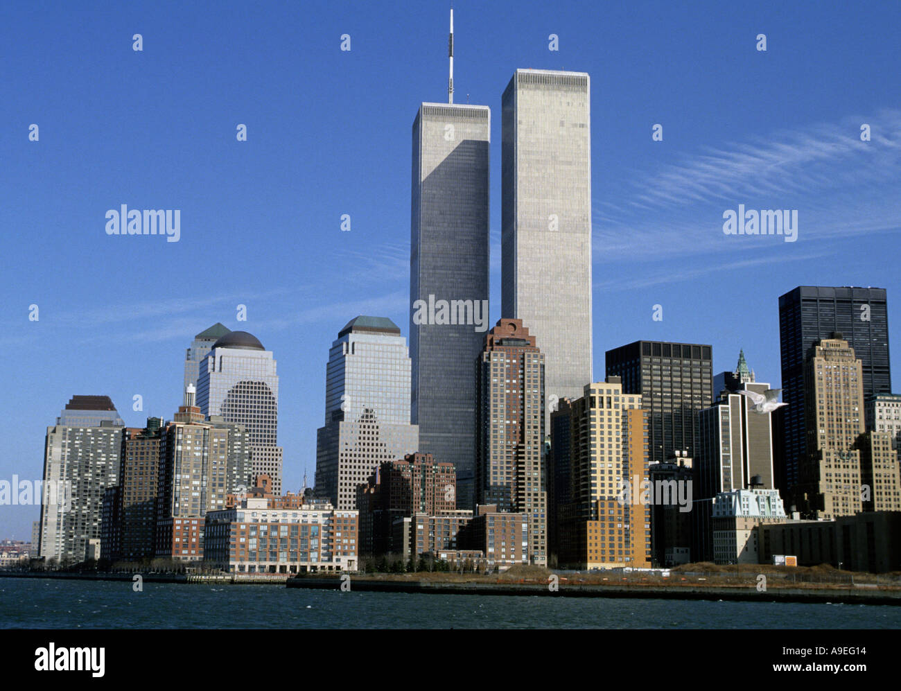 Datei-Foto aufgenommen im Jahr 1992 von den Hudson River zeigt New Yorker Skyline mit dem World Trade Center Stockfoto
