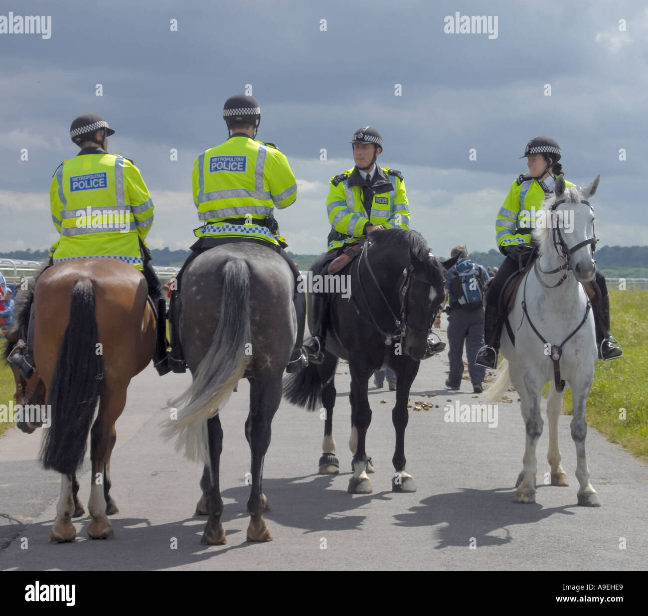 Polizisten und Polizistinnen auf policehorses Stockfoto