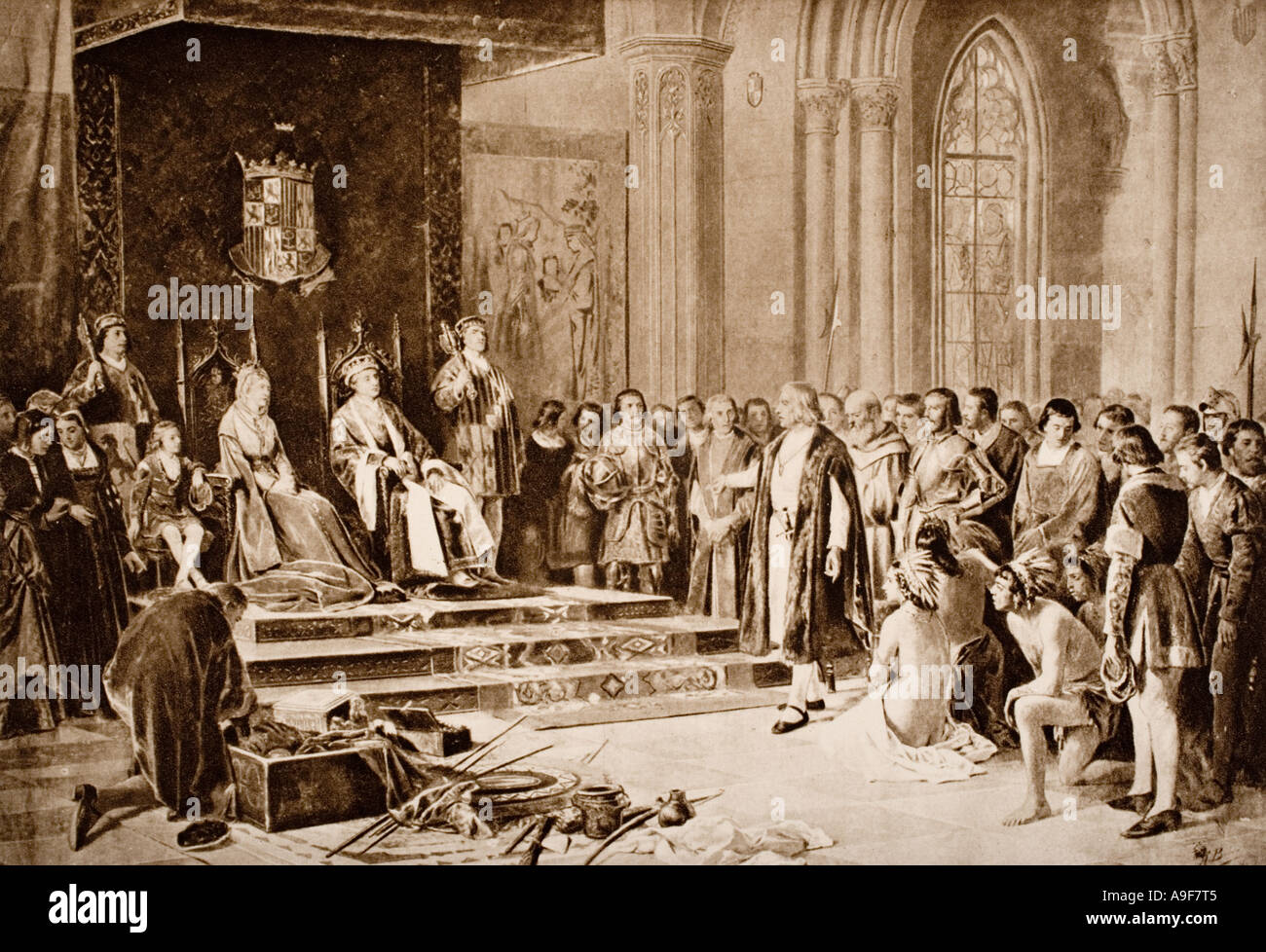 Columbus bringt die Nachricht von der Entdeckung Amerikas, Ferdinand und Isabella von Spanien Stockfoto