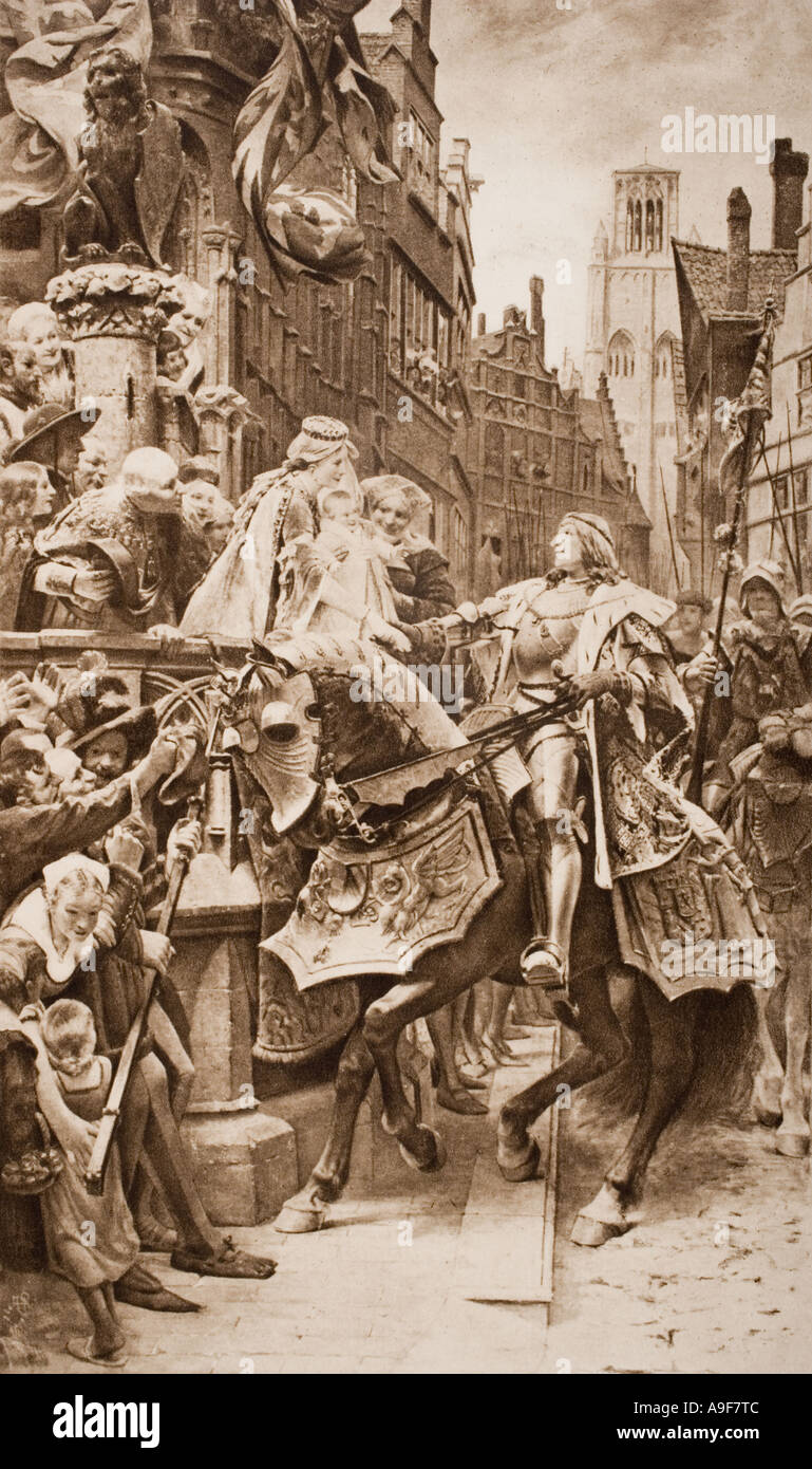 Der heilige römische Kaiser Maximilian I., 1459 - 1519 und seine Frau Maria von Burgstall mit ihrem ersten geborenen Philipp, in Gent. Stockfoto Der heilige römische Kaiser Maximilian I., 1459 - 1519 und seine Frau Maria von Burgstall mit ihrem ersten geborenen Philipp, in Gent. Stockfoto