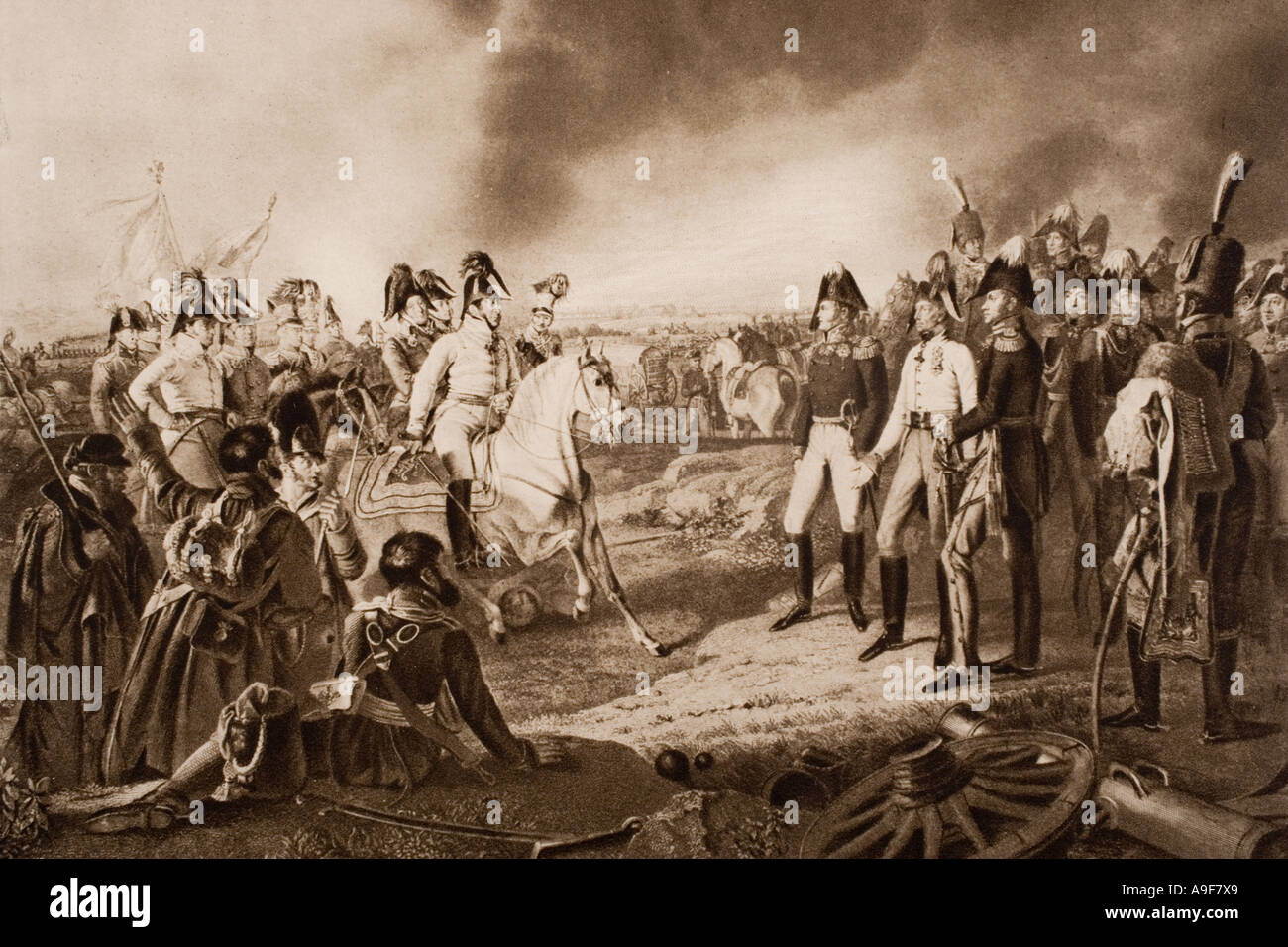 Zar Alexander I., Kaiser Franziskus & König Friedrich Wilhelm III. Erklären den Sieg nach der Schlacht von Leipzig 1813. Auch bekannt als die Schlacht der Nationen Stockfoto
