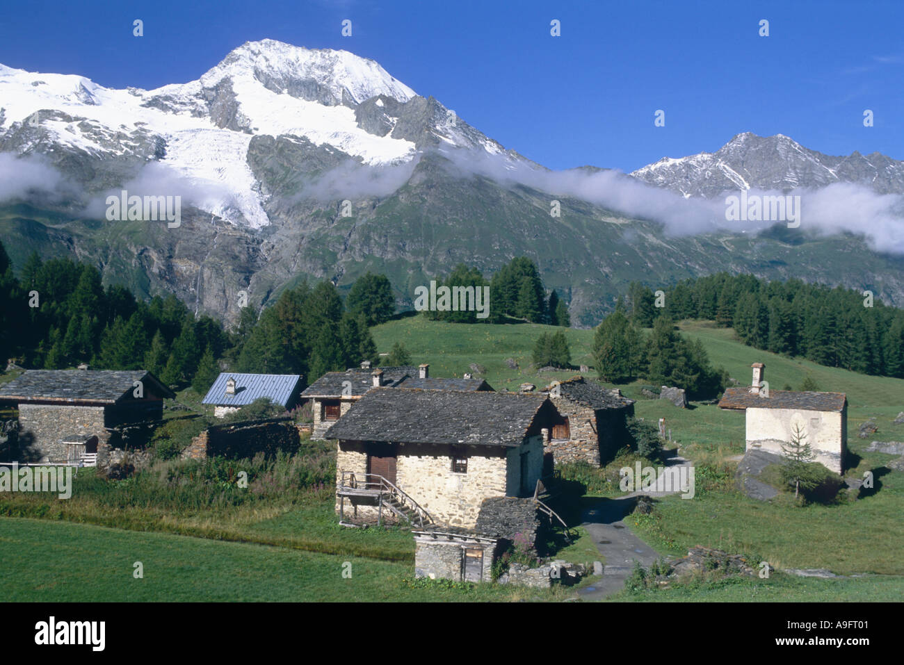 Ortschaft Le Monal (1874 ft) in der Ortschaft Tarentaise, mit Gletscher des Mont Pourri im Hintergrund, Frankreich, Rhne-Alpes. Stockfoto