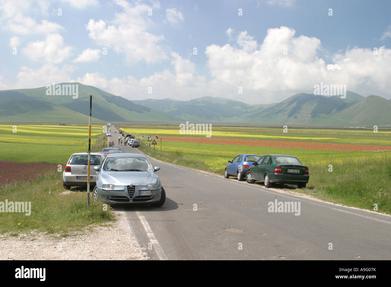 Autos von Touristen Park für die wunderbare Darstellung von Wildblumen im Piano Grande, Castelluccio, Nationalpark Monti Sibillini, Italien Stockfoto