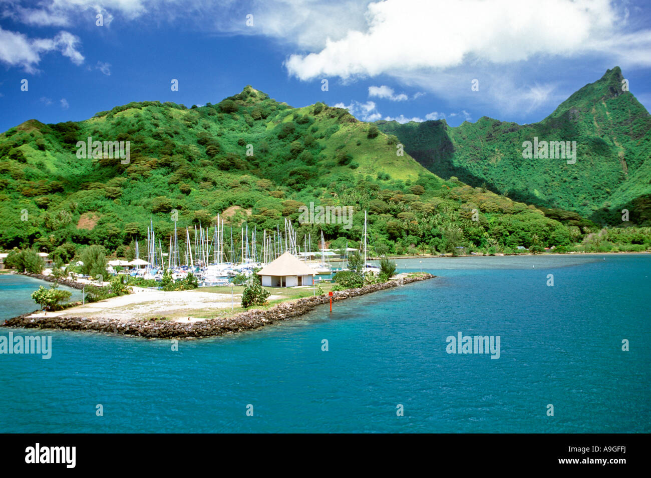 Vaiareare, eine kleine Marina und Fährhafen auf der Insel Moorea in der Nähe von Tahiti in der Gruppe der Gesellschaftsinseln in Französisch-Polynesien. Stockfoto