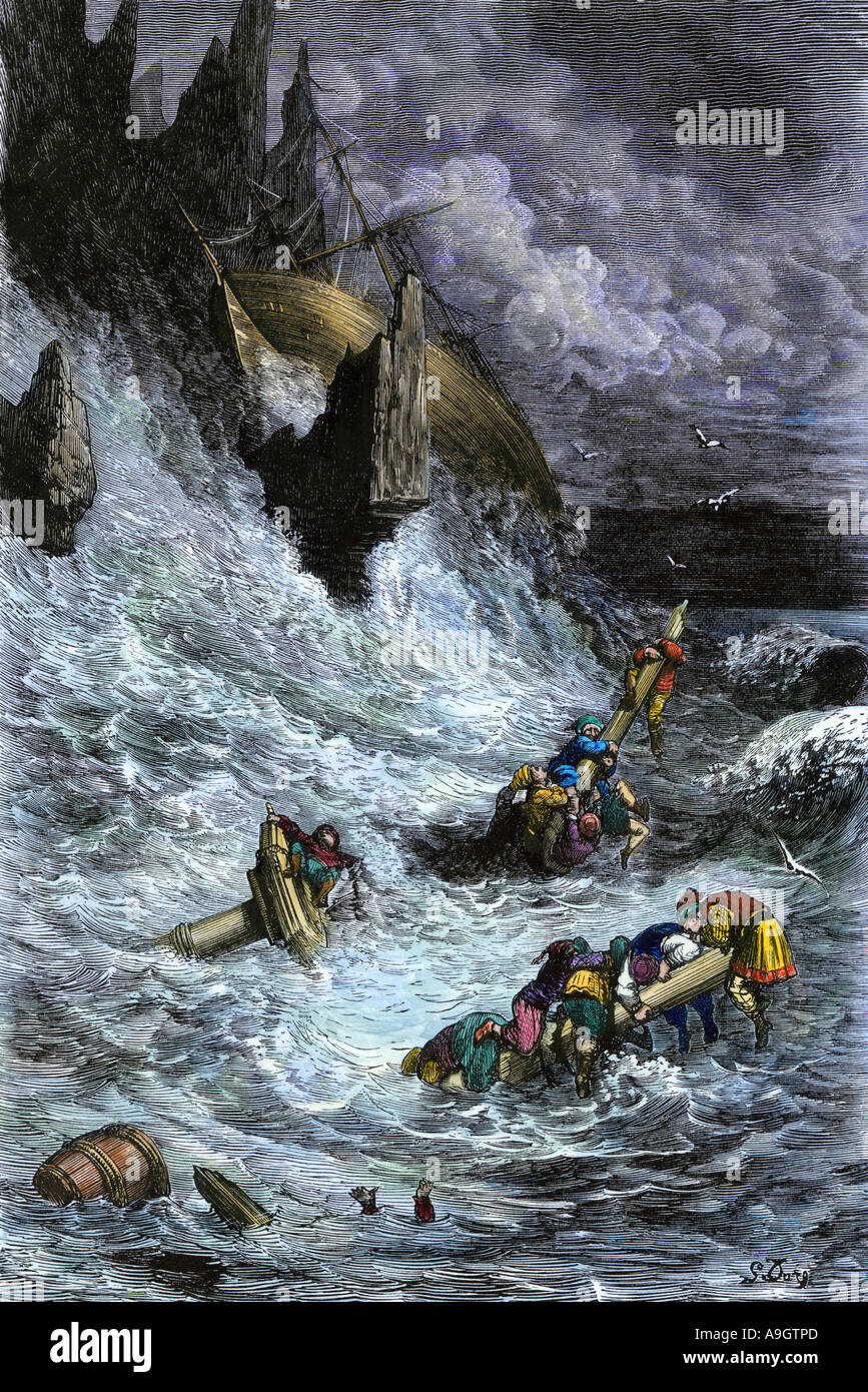 Sindbad der Seefahrer und seine Gefährten die Schiffbrüchigen in den Erzählungen der 1001 Nächte. Hand - farbige Holzschnitt Stockfoto
