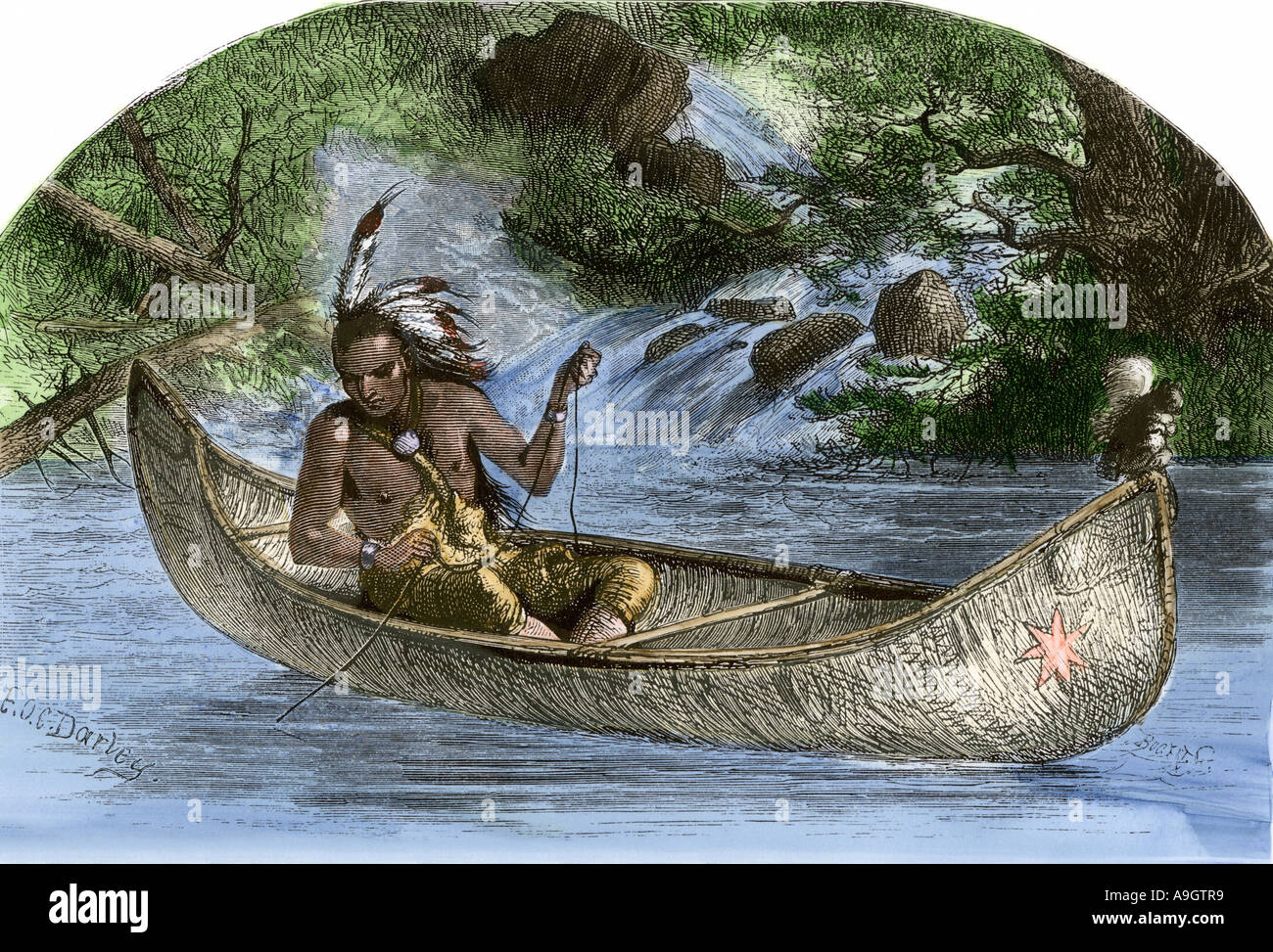 Legendären Native American chief Hiawatha angeln von einem Kanu. Hand - farbige Holzschnitt Stockfoto