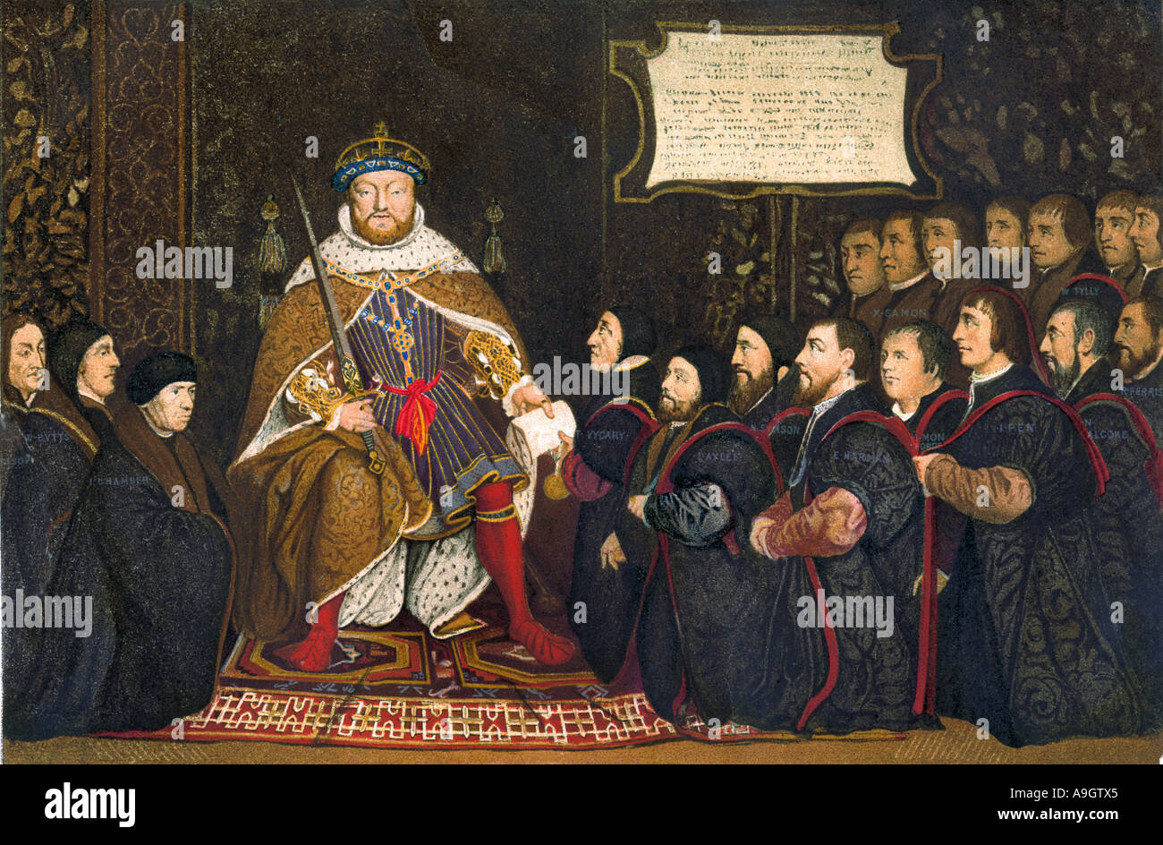 König Heinrich VIII., die eine Charta für die Unternehmen der Friseur- Chirurgen. Farblithographie Stockfoto