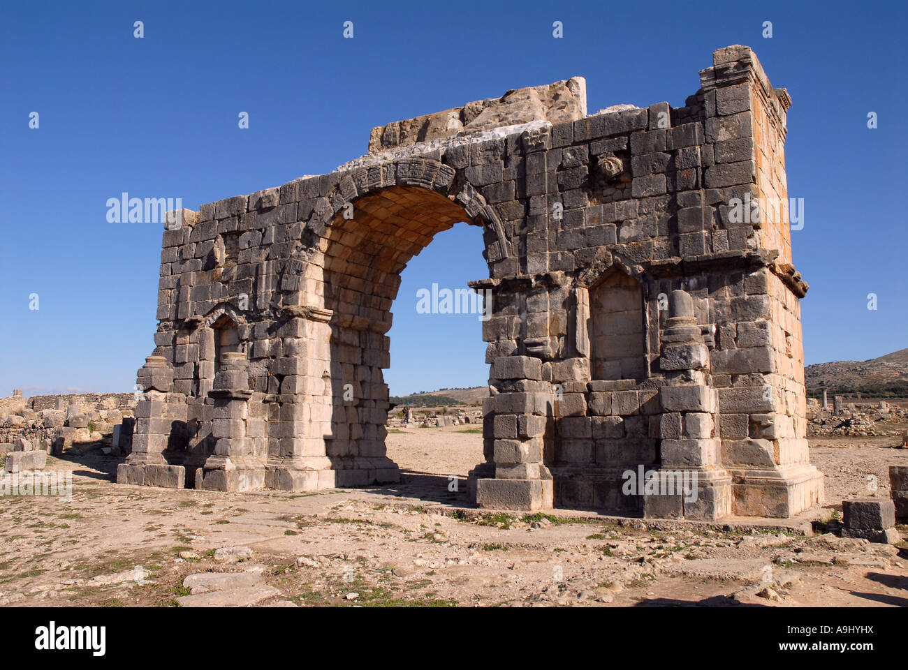 Der Triumphbogen des Caracalla in Volubilis, Marokko, Afrika Stockfoto