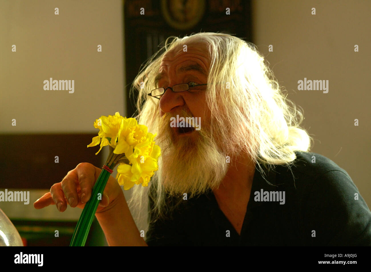 Alter Mann mit grauen Haaren riechende Blume Stockfoto