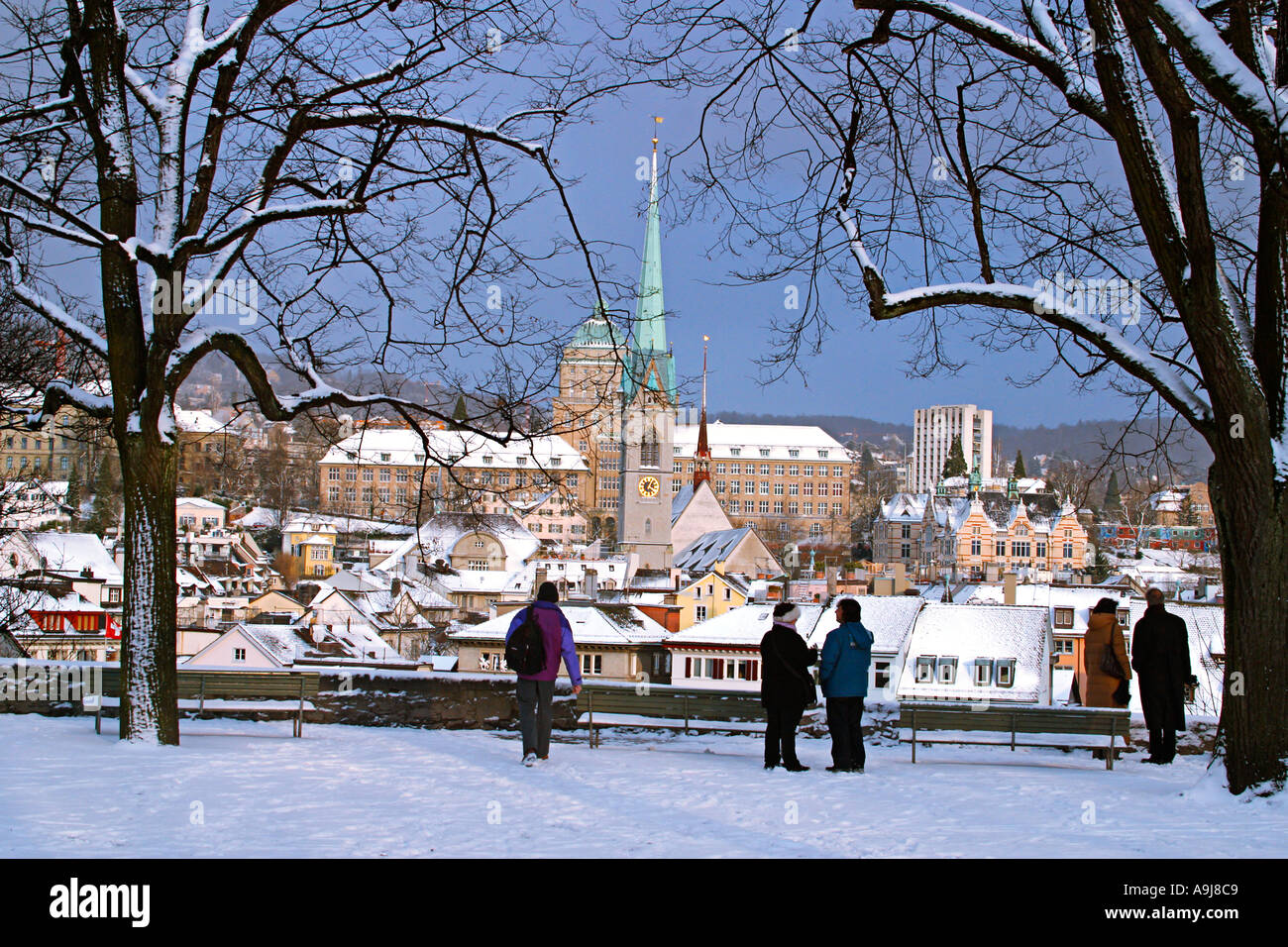 Schweiz-Zürich-Blick vom Lindenhof zum Altstadt im winter Stockfoto