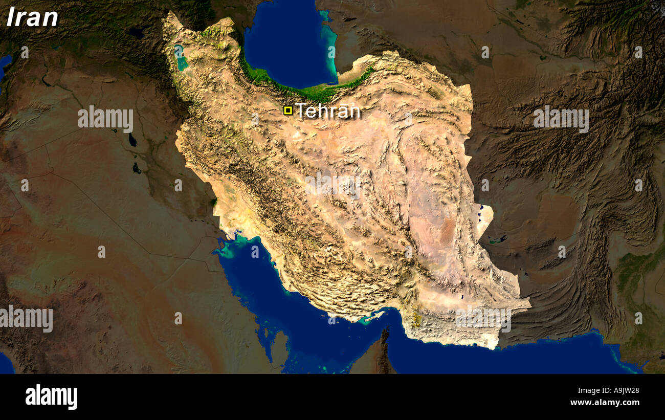 Hervorgehobene Satellitenbild des Iran mit Teheran hervorgehoben Stockfoto