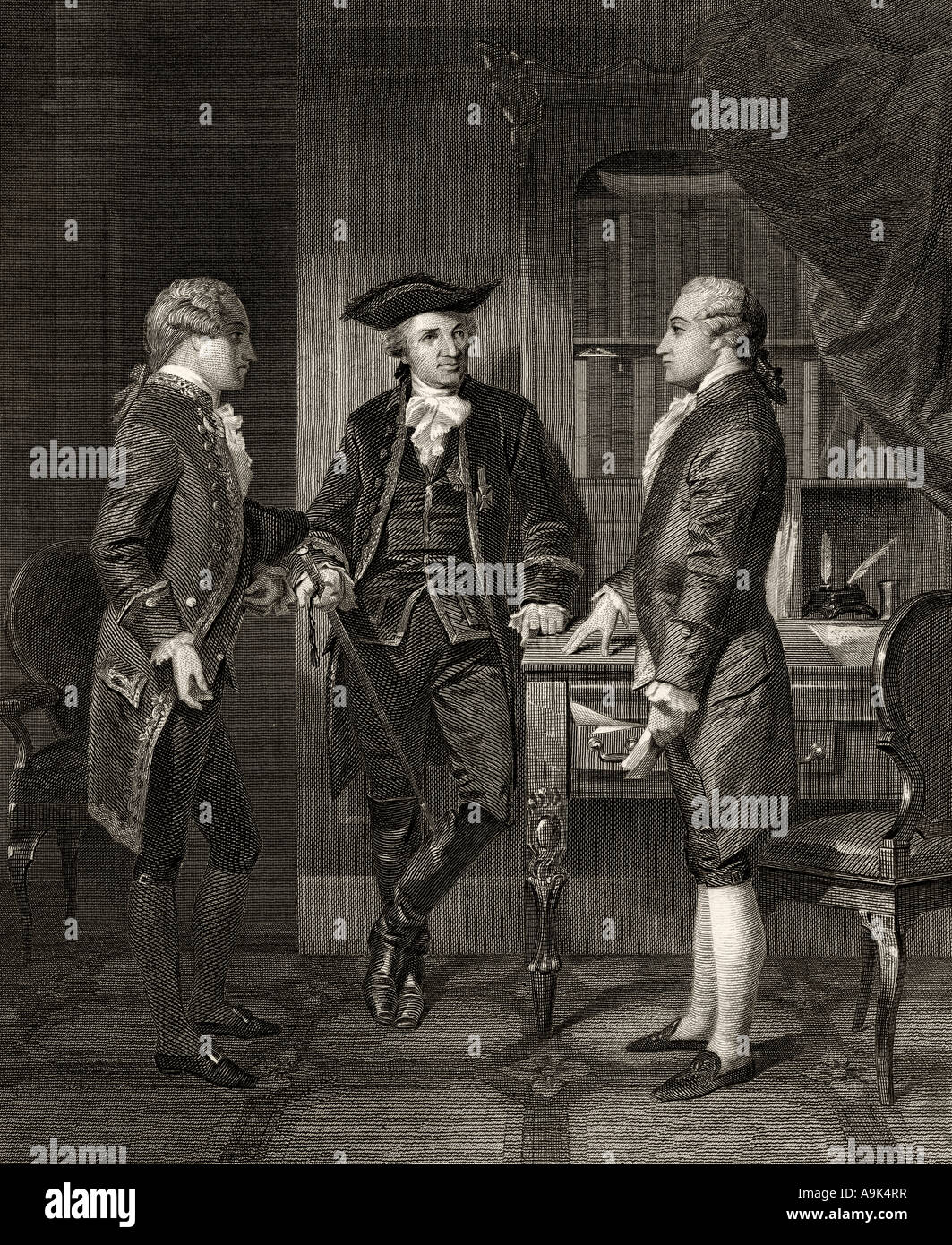 Johann Henry Jules Alexandre von Robaii, Baron de Kalb, 1721 - 1780, Zentrum, Vorstellung von Lafayette in Silas Deane. Stockfoto