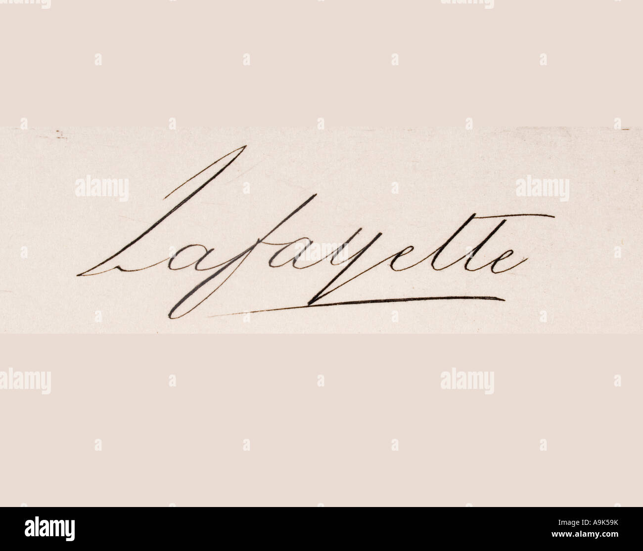 Unterschrift von Marie Joseph Paul Yves Roch Gilbert du Motier, marquis de Lafayette, 1757 - 1834. Stockfoto