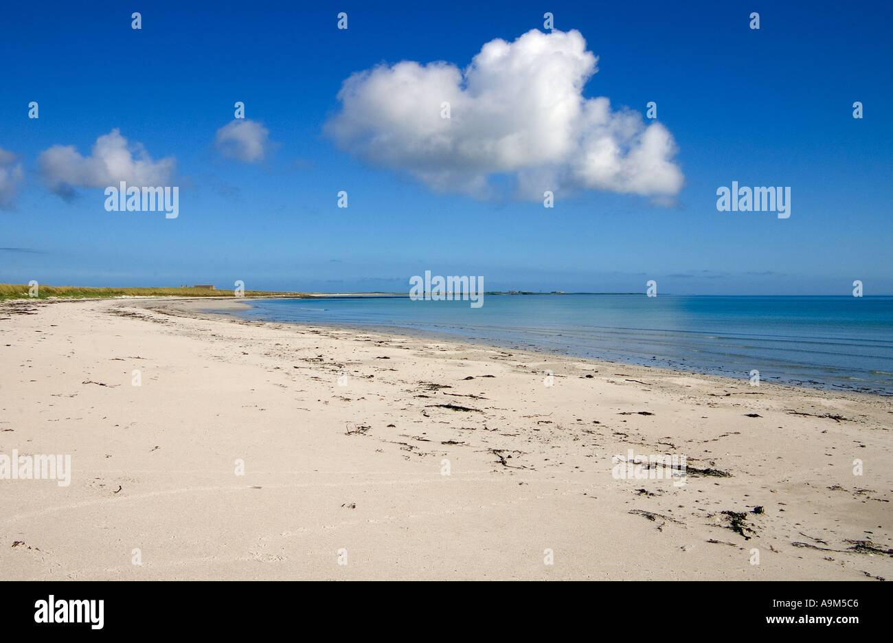 dh Bay of Lopness SANDAY ORKNEY Weißer Sandstrand abgelegener blauer Himmel frische Luft Meer Sand schottland Strände nördliche ruhige insel der britischen Inseln Stockfoto