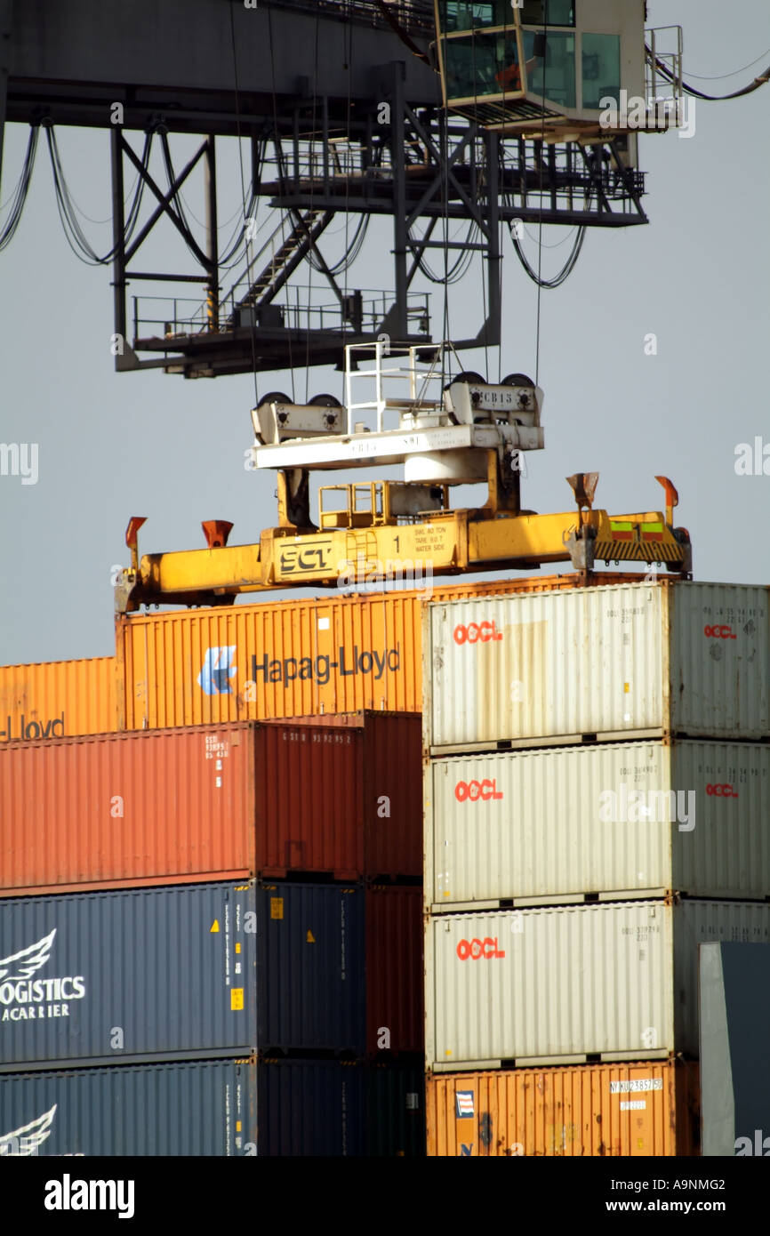 Southampton Container Terminal Süd-England. SCT straddle Carrier Entladung Containerschiff. Vereinigtes Königreich UK Stockfoto