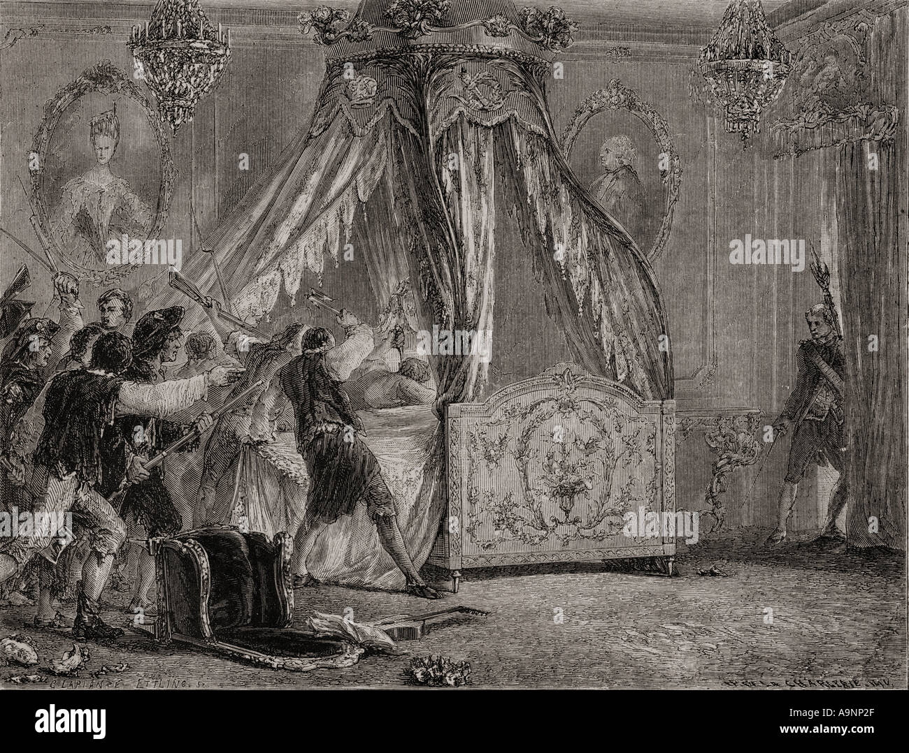Schlafgemach der Königin wird von der Mob während der Französischen Revolution, 5. Oktober 1789 überrannt. Von Histoire de la Revolution Francaise von Louis Blanc Stockfoto