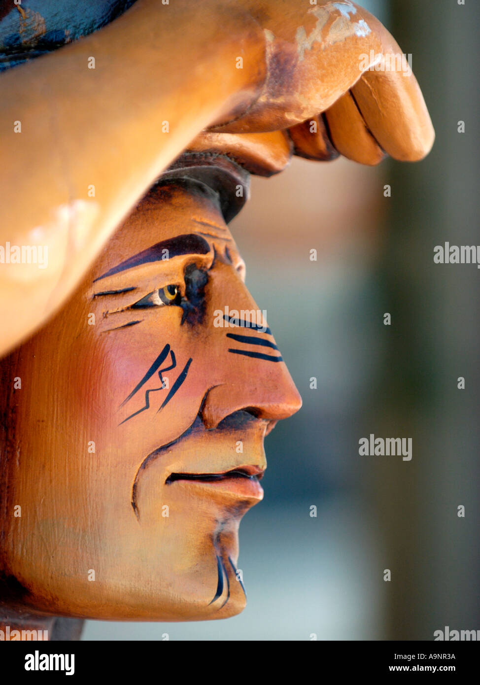 Nahaufnahme des Kopfes des geschnitzten indianischen Stockfoto