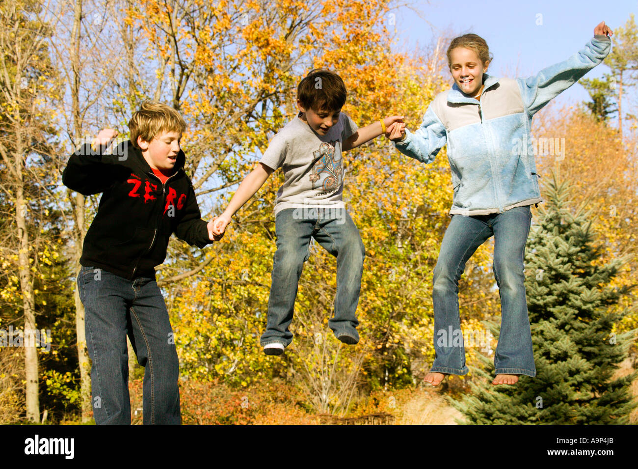 Drei springenden Kinder in der Luft mit Herbstlaub Stockfoto