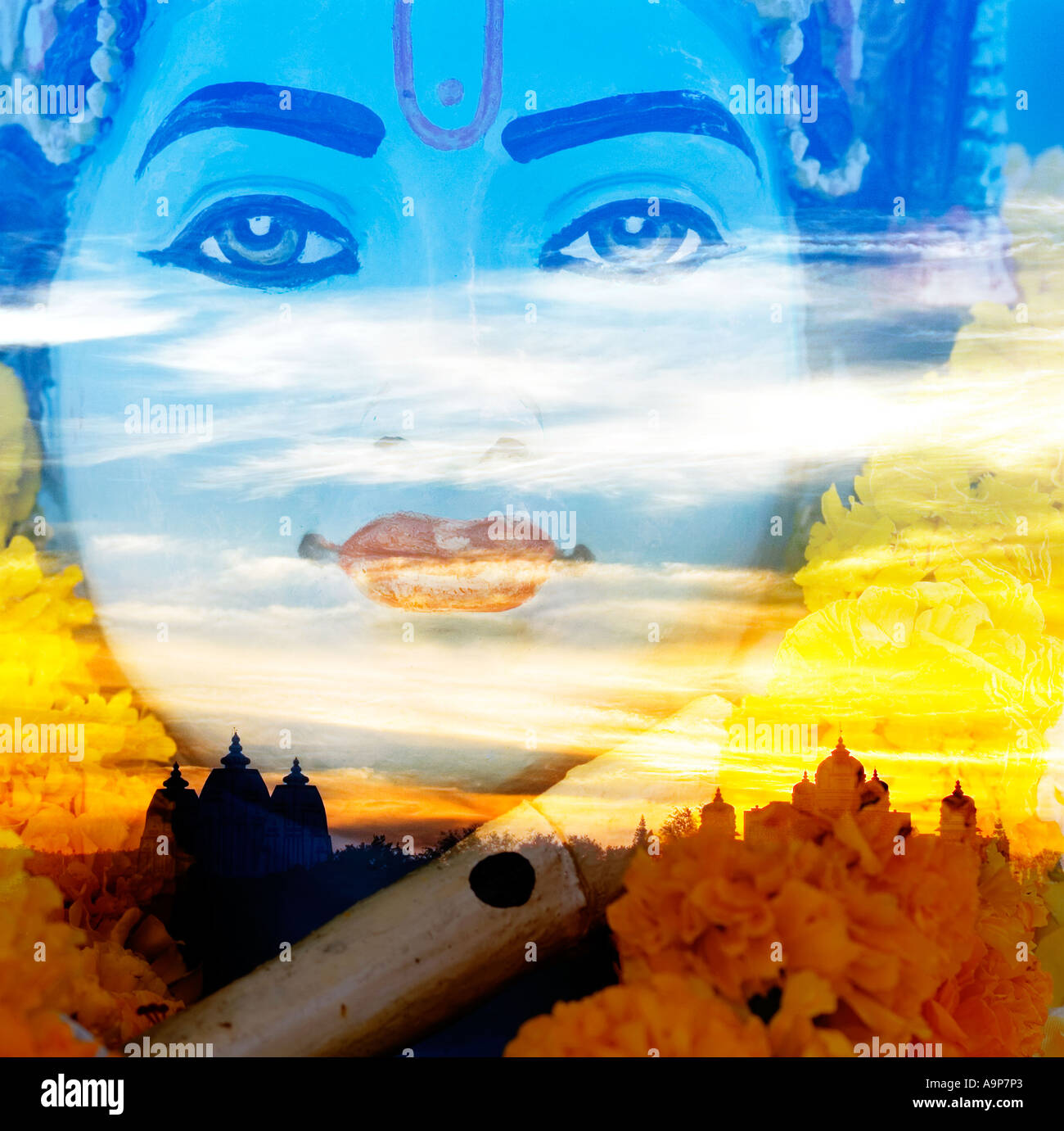 Krishna Statue hinter indischen Architektur Stockfoto Krishna Statue hinter indischen Architektur Stockfoto