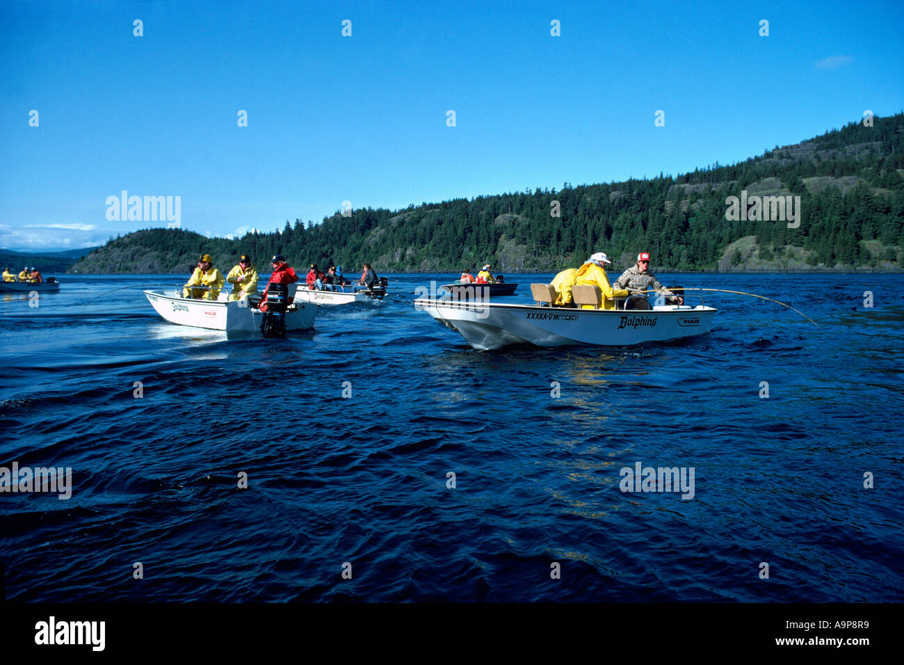 in der Nähe von Campbell River, BC, Vancouver Island, British Columbia, Kanada - Angeln auf Lachs in Seymour Narrows Stockfoto